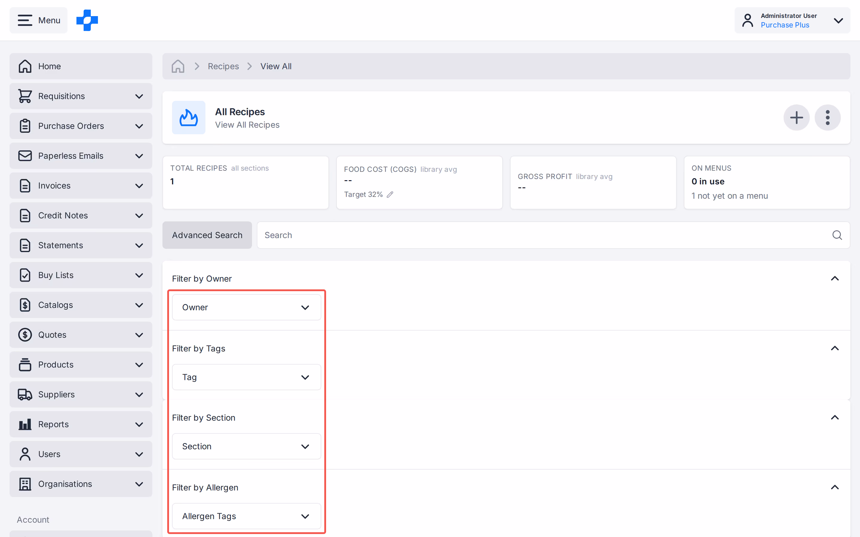 All Recipes Advanced Search with section, allergen, owner and product tag filters