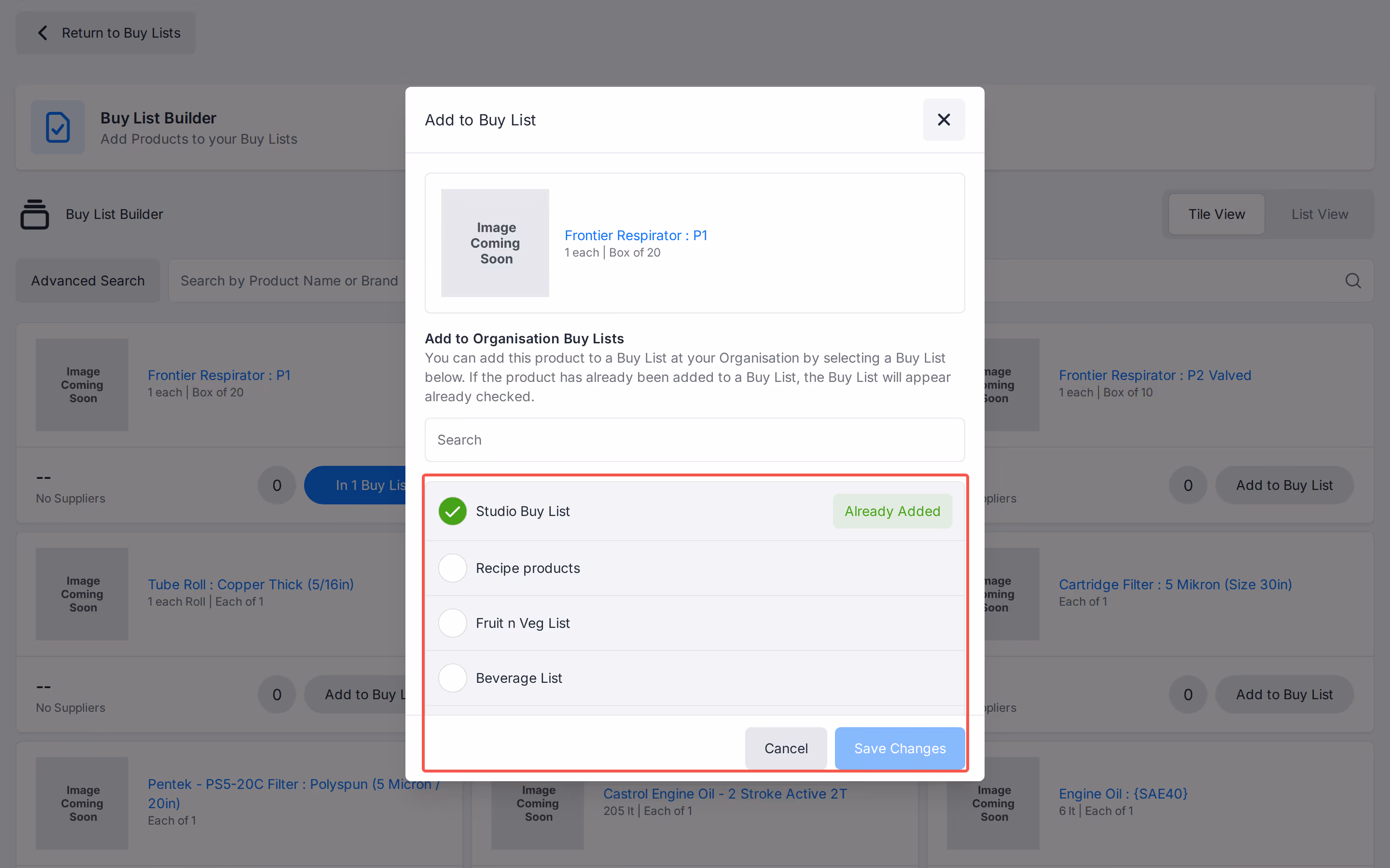 Add to Buy List modal listing existing lists with Already Added chips.