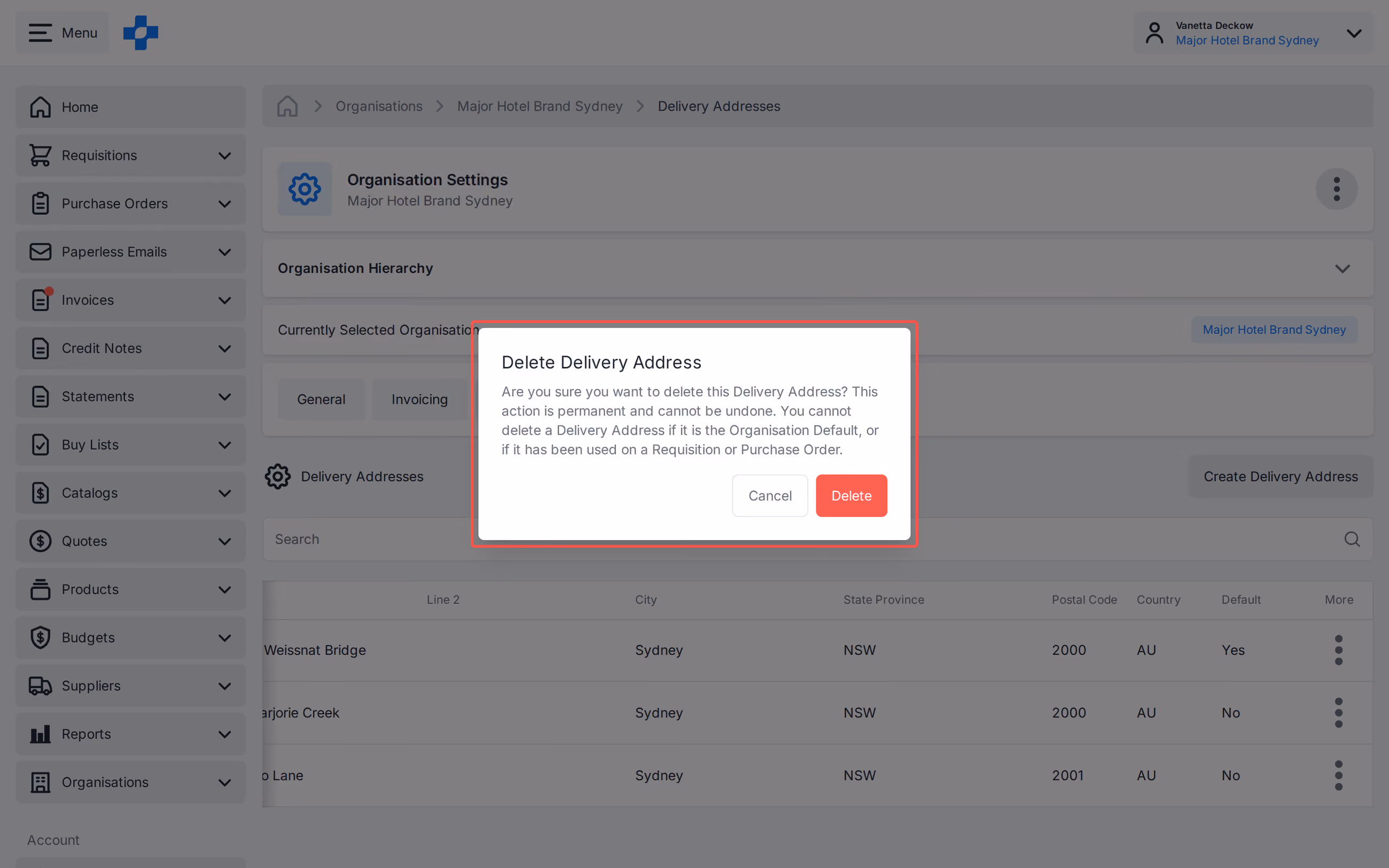 Delete Delivery Address confirmation from Organisation Settings