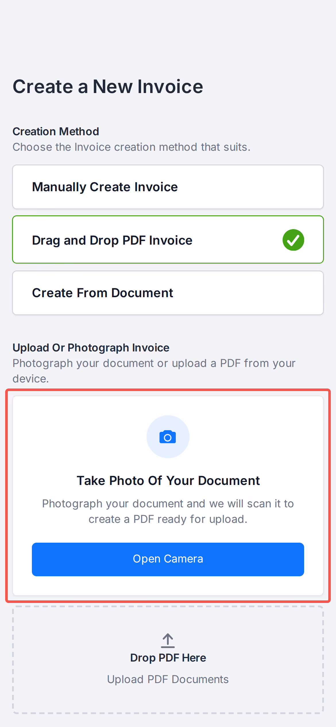 Phone create-invoice guided capture with Open Camera control
