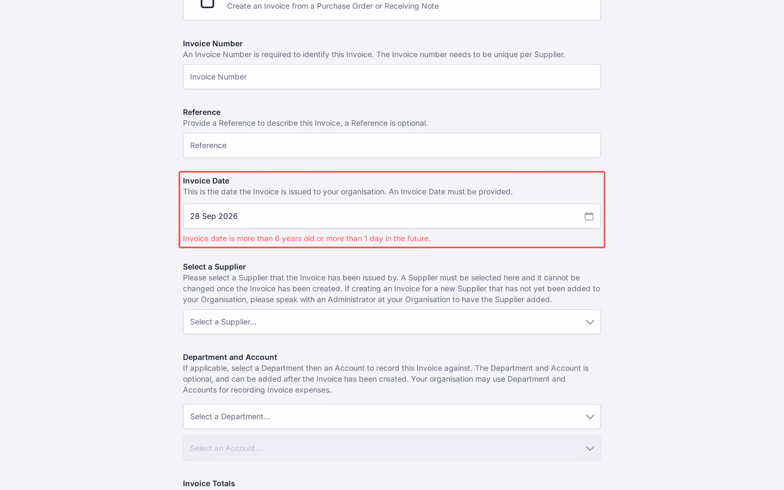 Manual invoice create Invoice Date field with out-of-range warning and error border