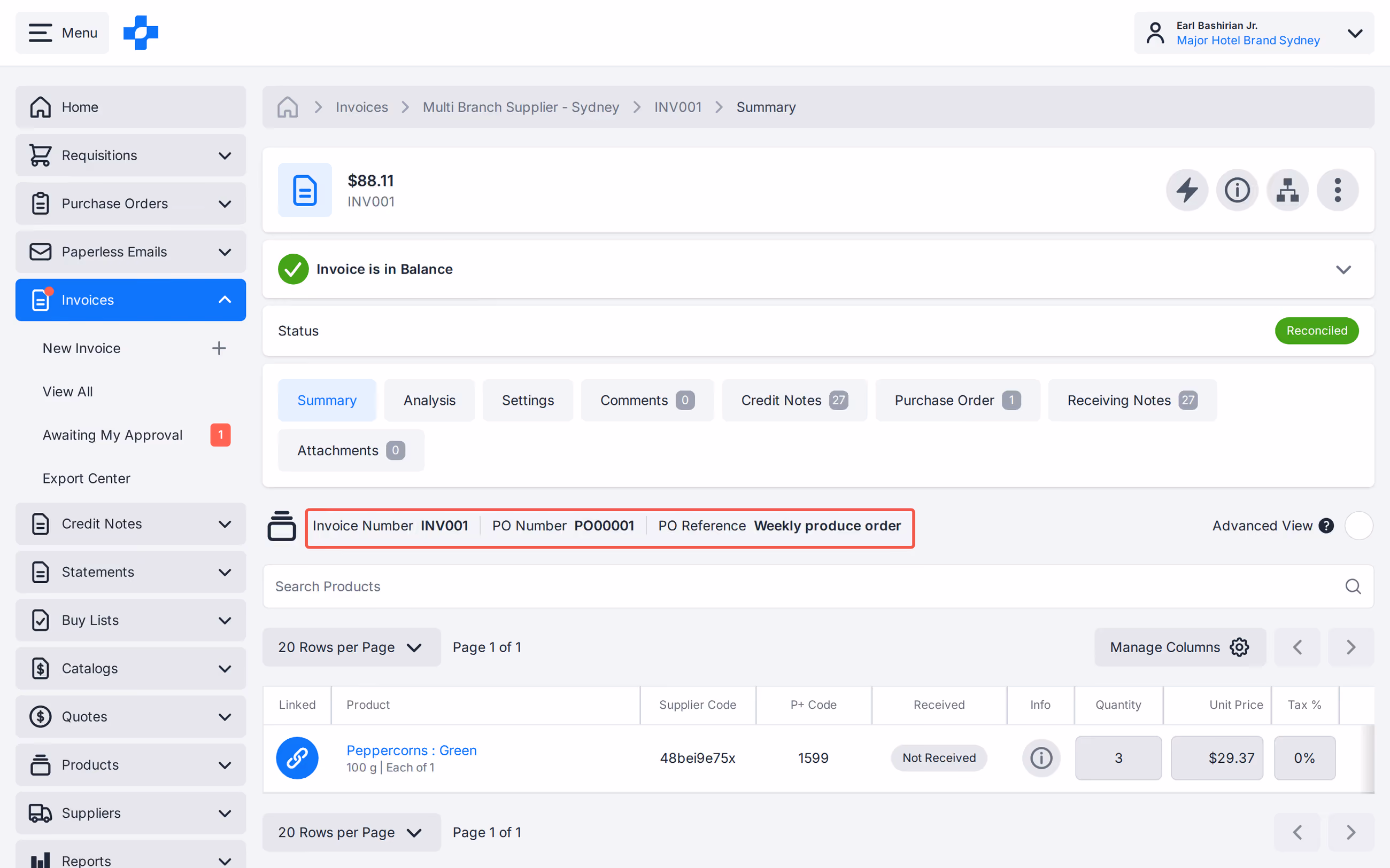 Invoice Summary strip with Invoice Number, PO Number and PO Reference