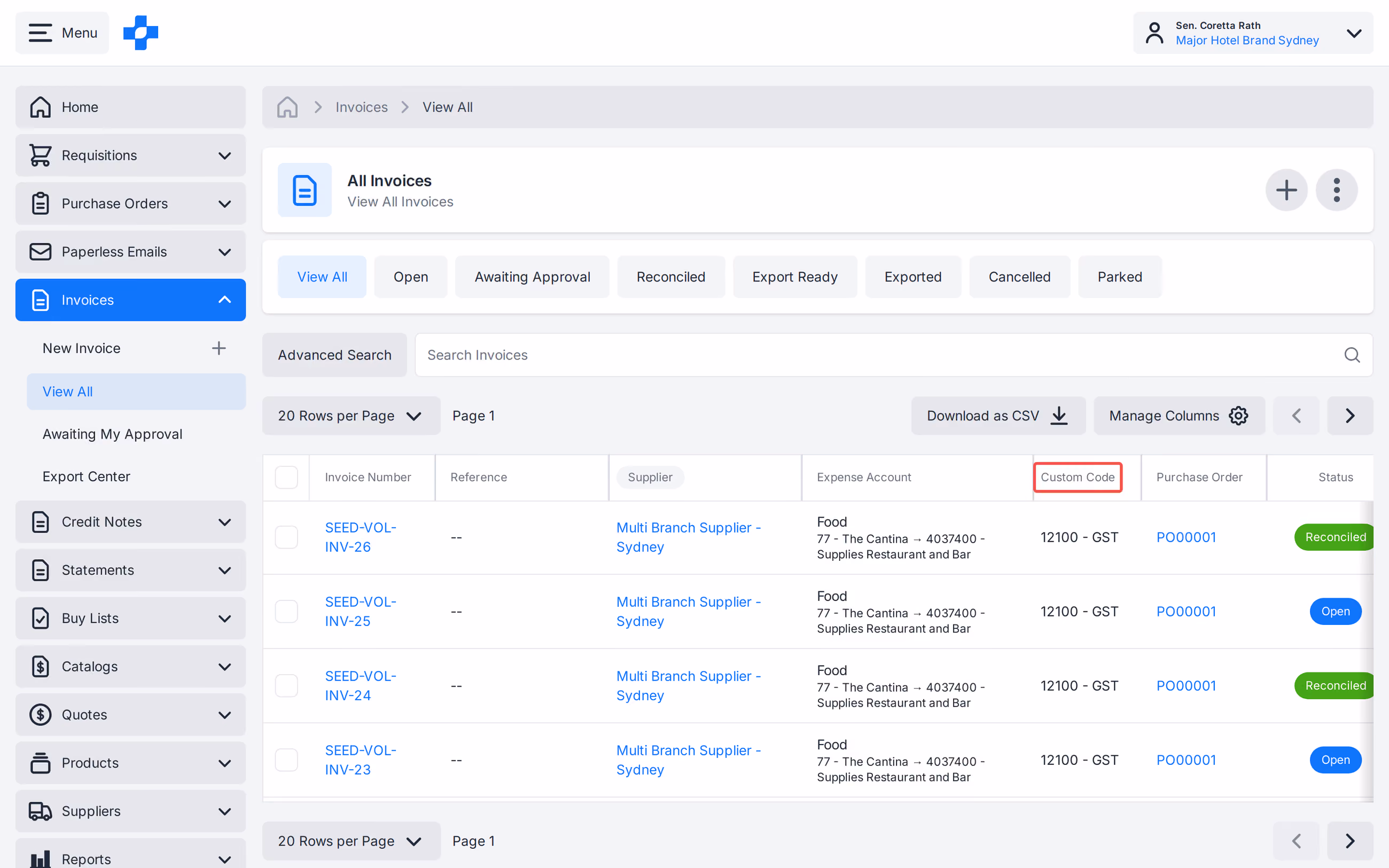 Invoices View All with Custom Code column