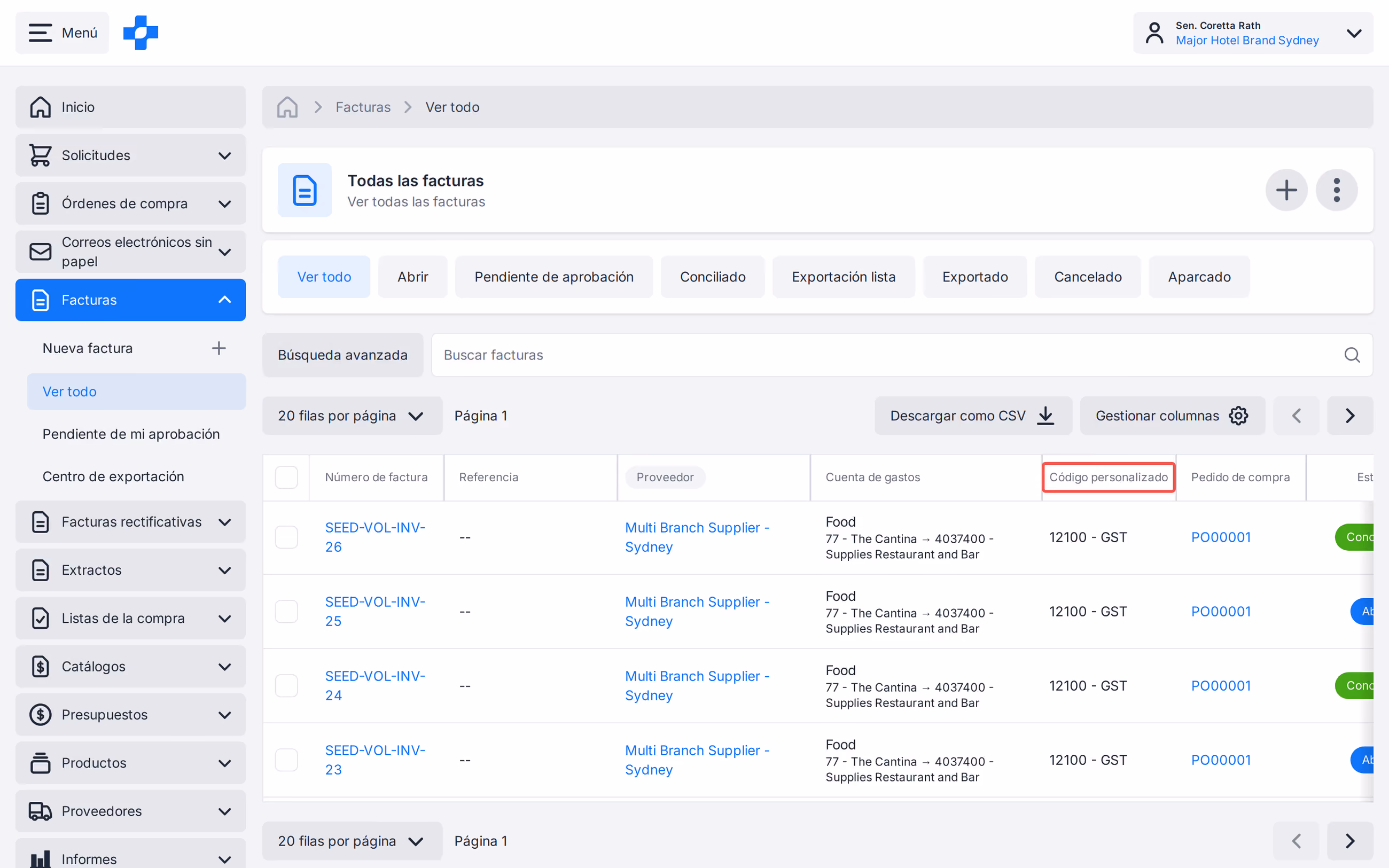 Facturas Ver todas con columna de código personalizado