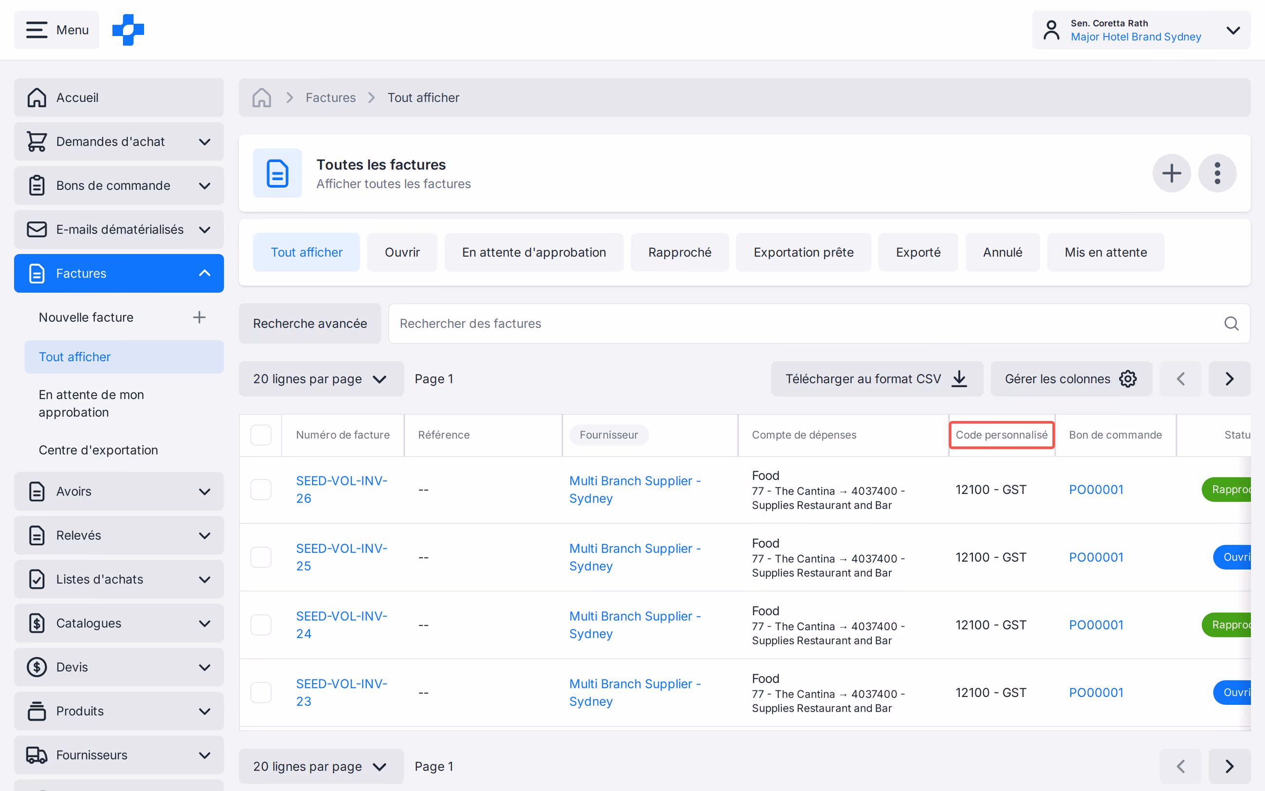 Factures Tout afficher avec colonne Code personnalisé