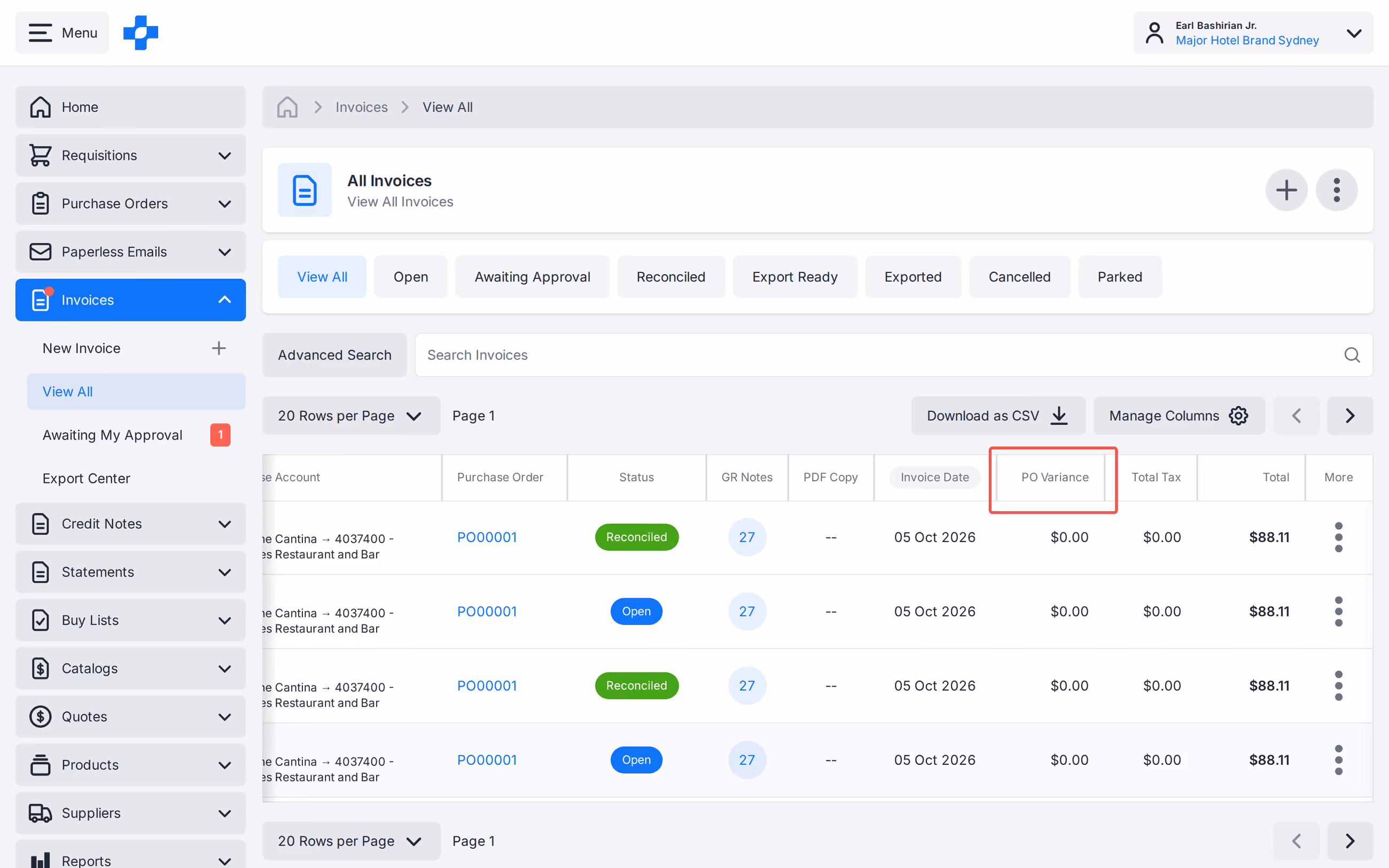 Invoices View All with PO Variance column
