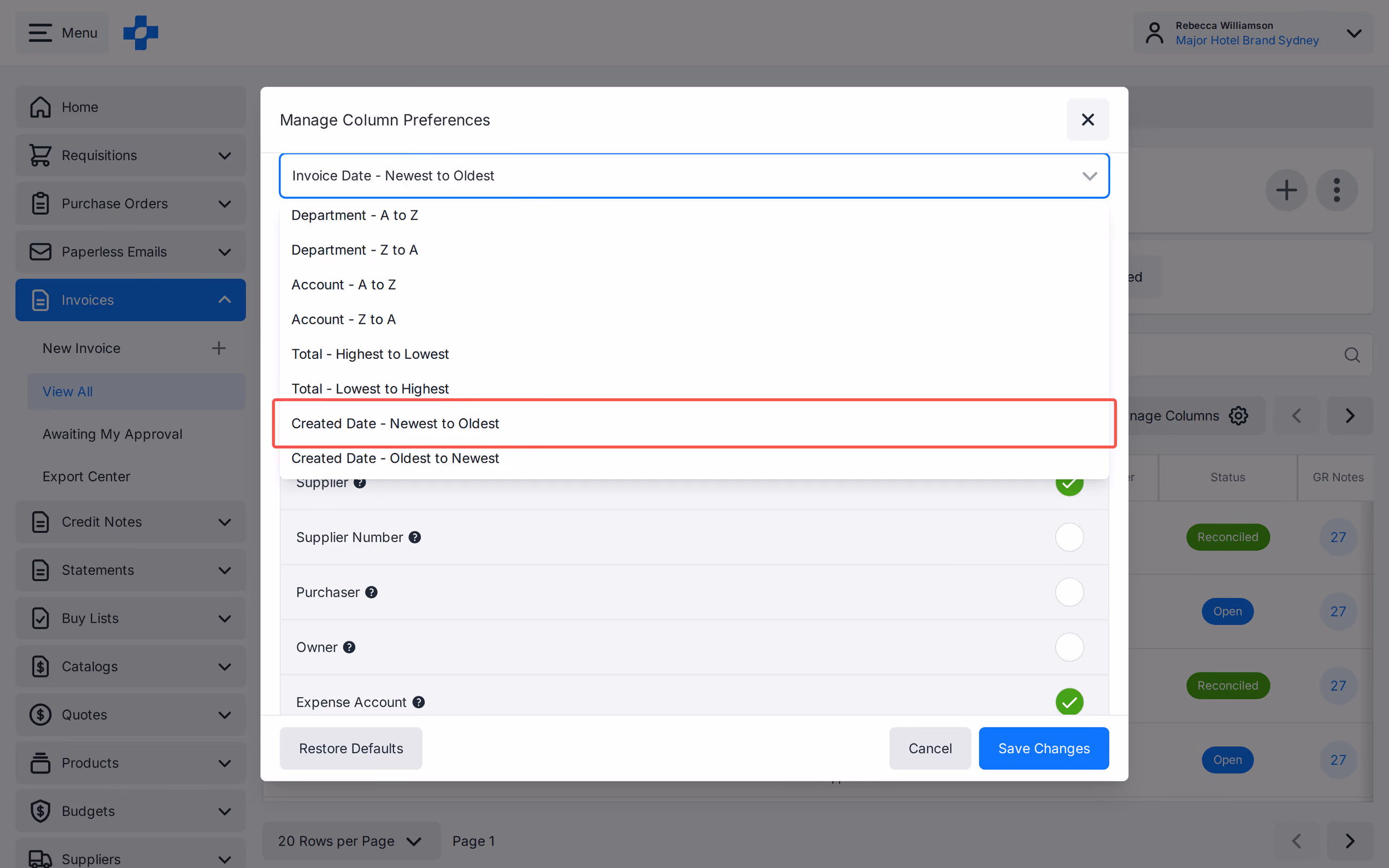 View All Invoices sort options including Created Date newest and oldest