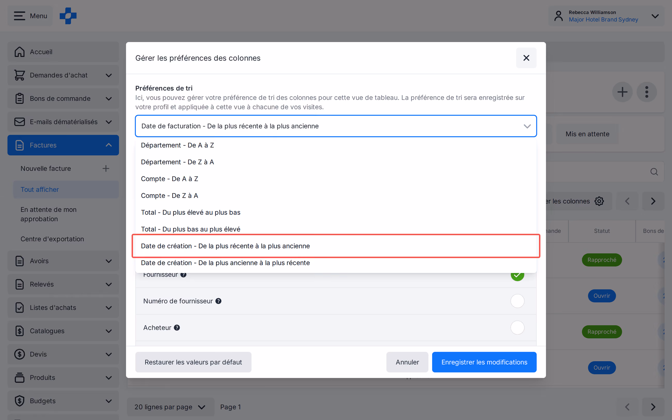 Options de tri Tout afficher les factures incluant Date de création de la plus récente à la plus ancienne