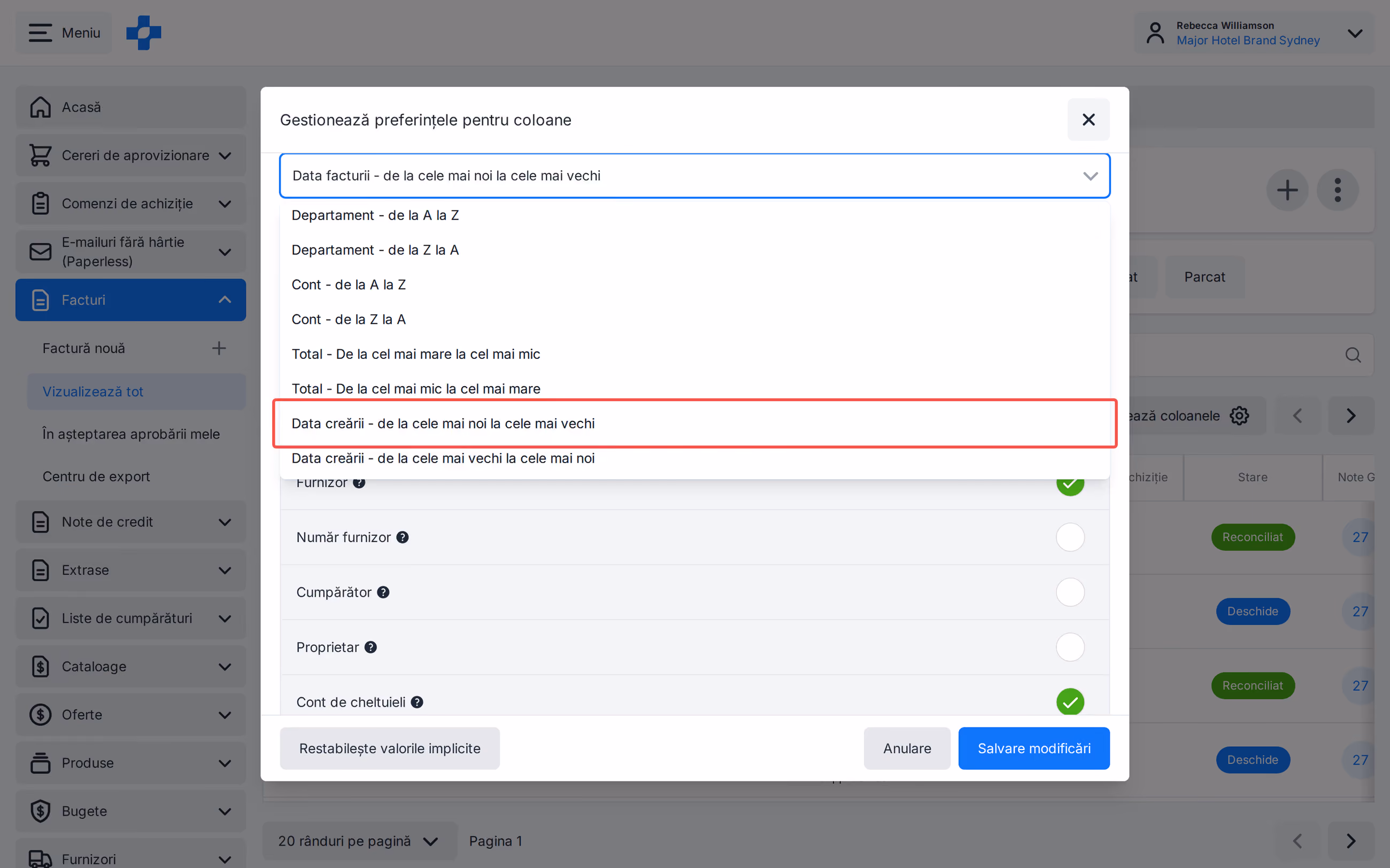 Opțiuni de sortare Afișați toate facturile inclusiv Data creării cele mai noi și cele mai vechi