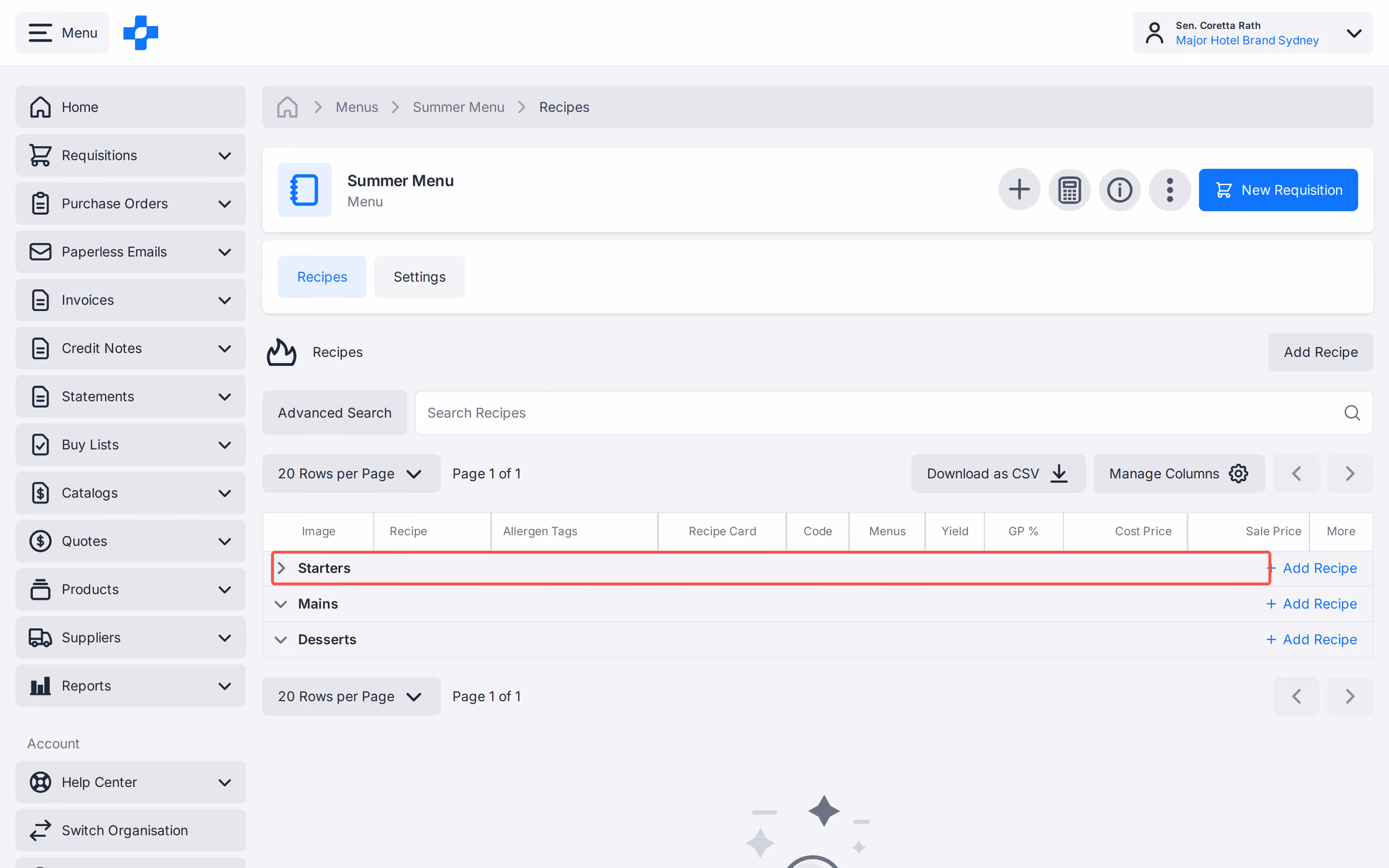 Menu Recipes section expand and collapse