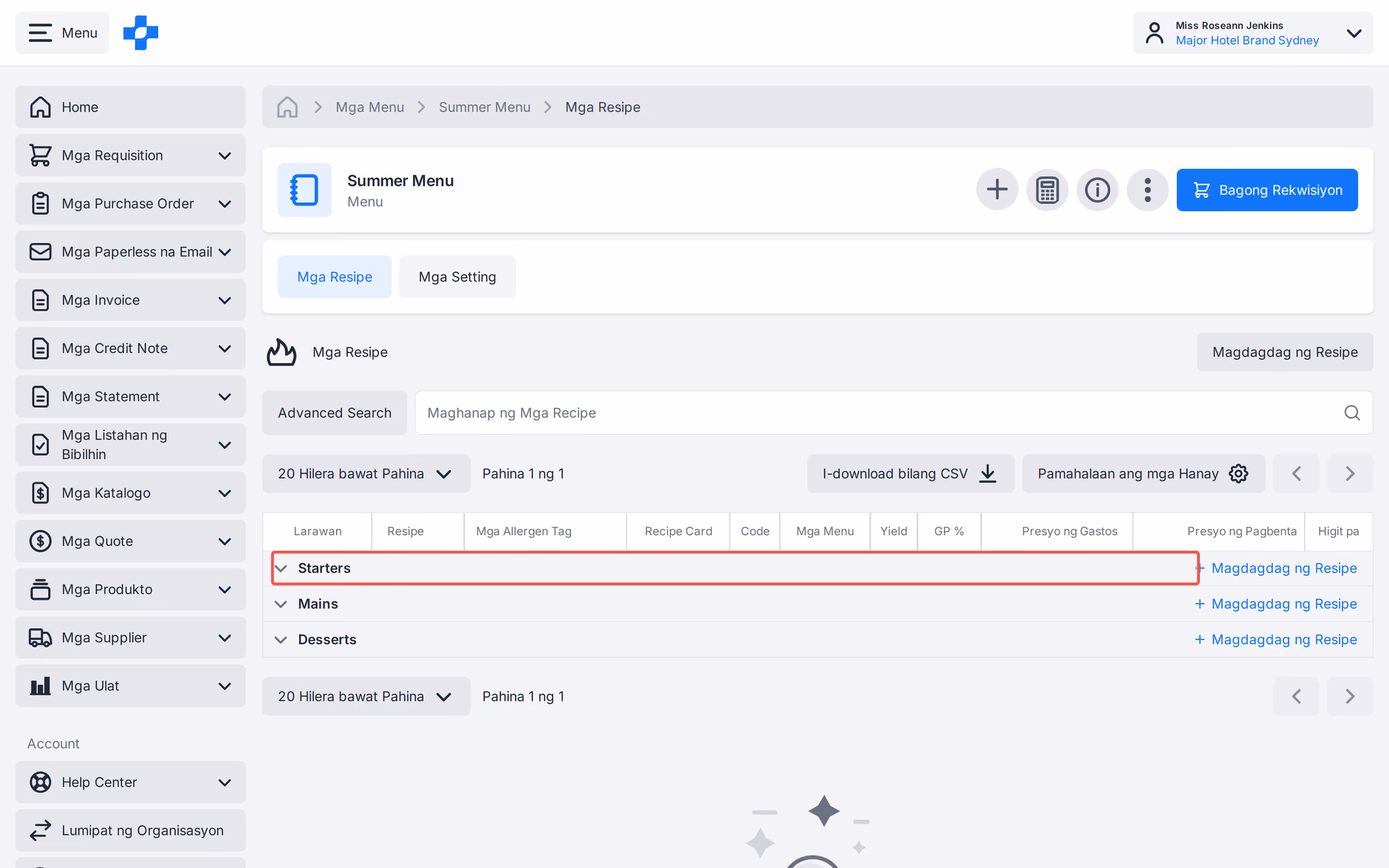 Menu Recipes section expand and collapse
