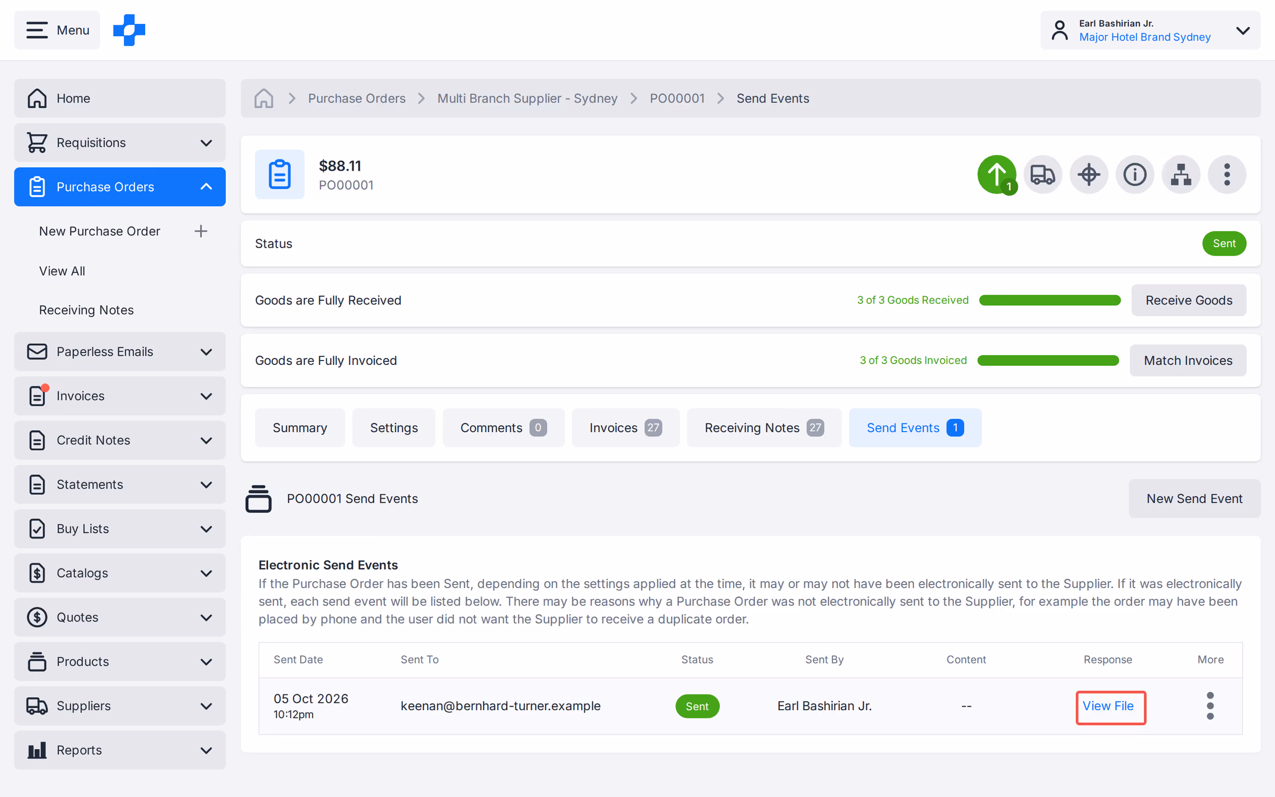 Purchase Order Send Event View File beside View Content