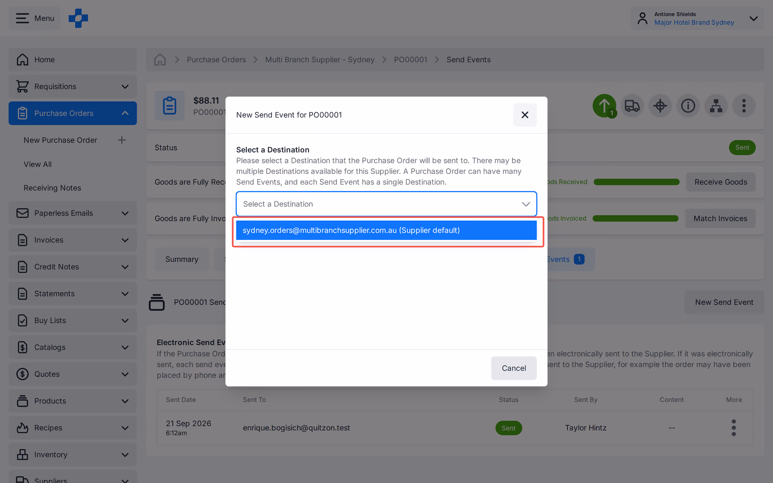 New Send Event destination picker showing pair destinations or Supplier default