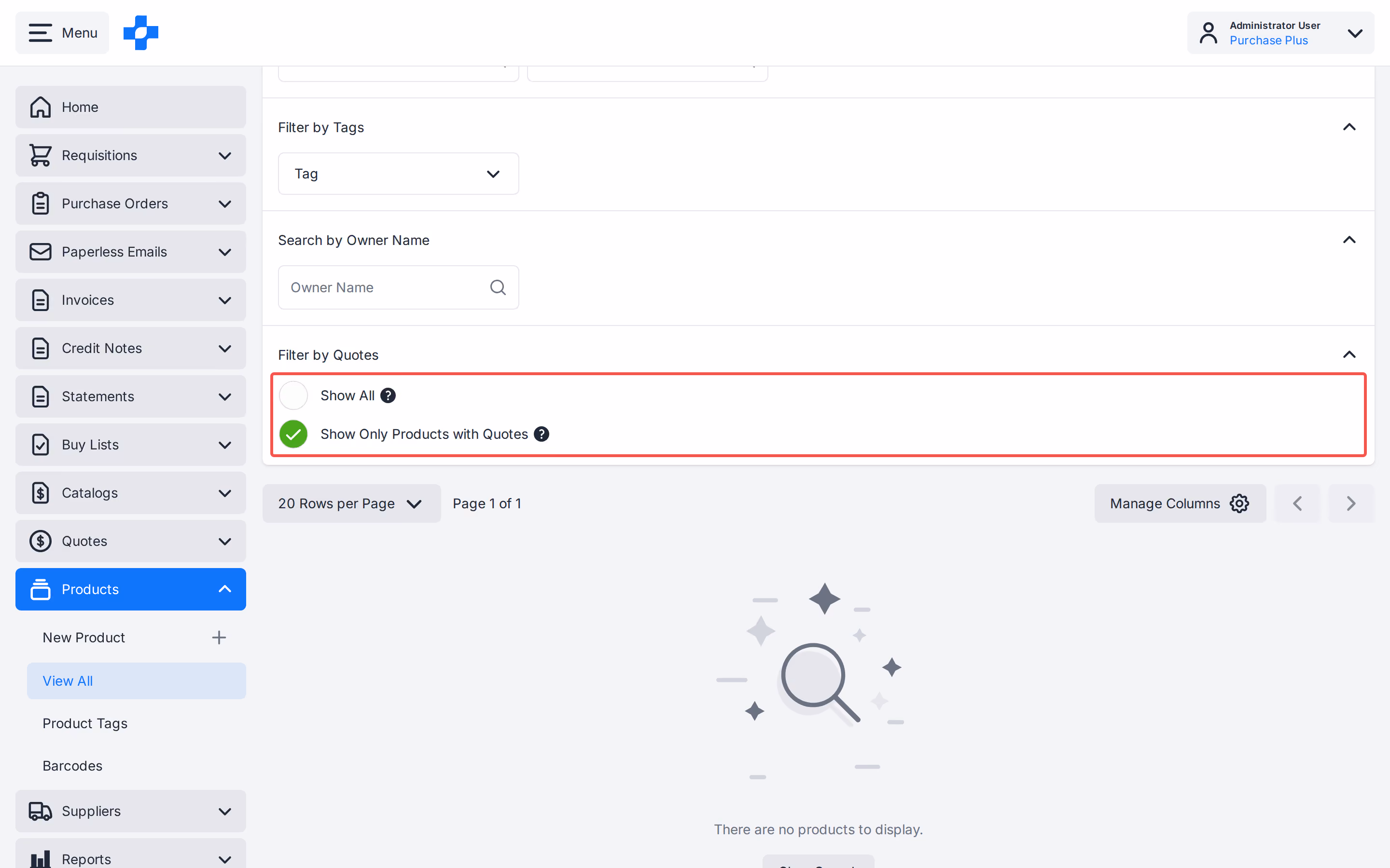 Products filter Show Only Products with Quotes on My Products.