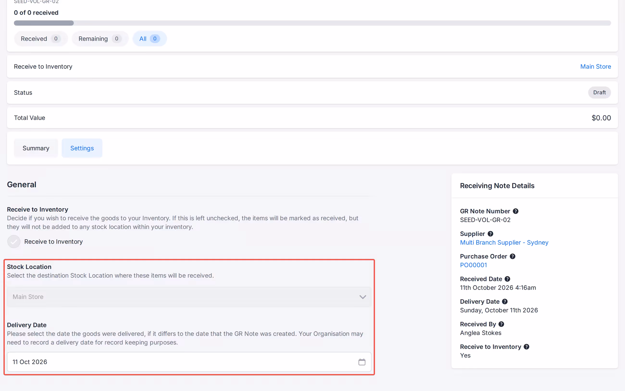 Receiving Note Settings Delivery Date with Stock Location still set