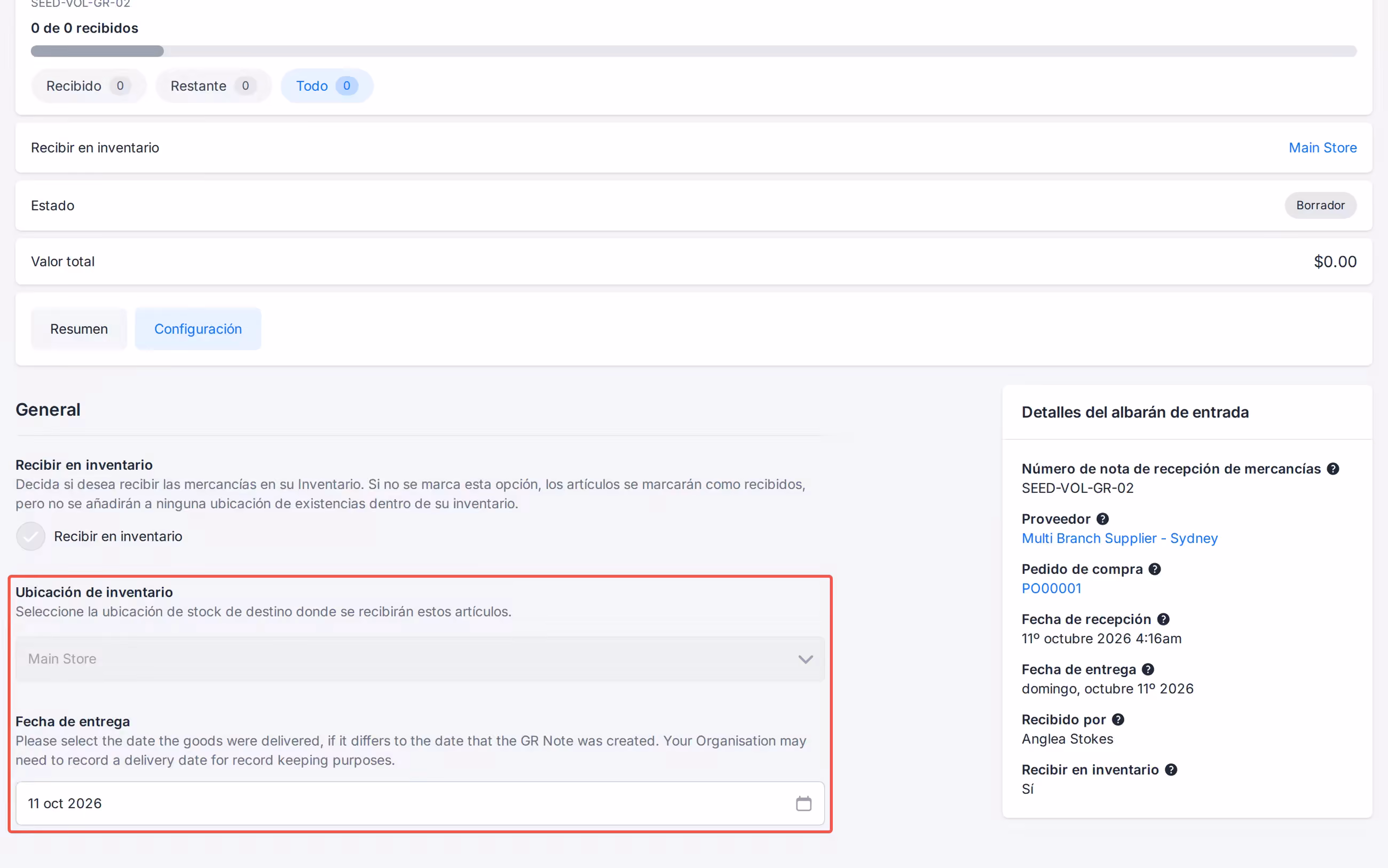 Receiving Note Settings Delivery Date with Stock Location still set