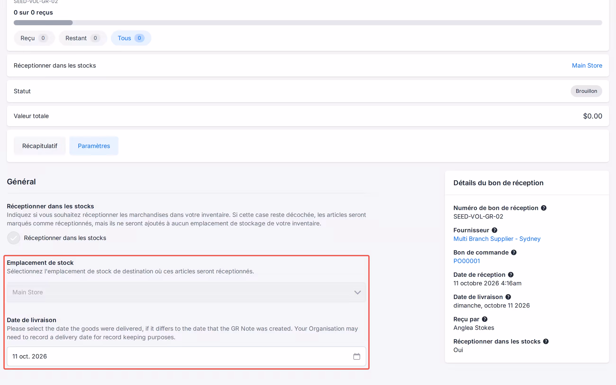 Receiving Note Settings Delivery Date with Stock Location still set