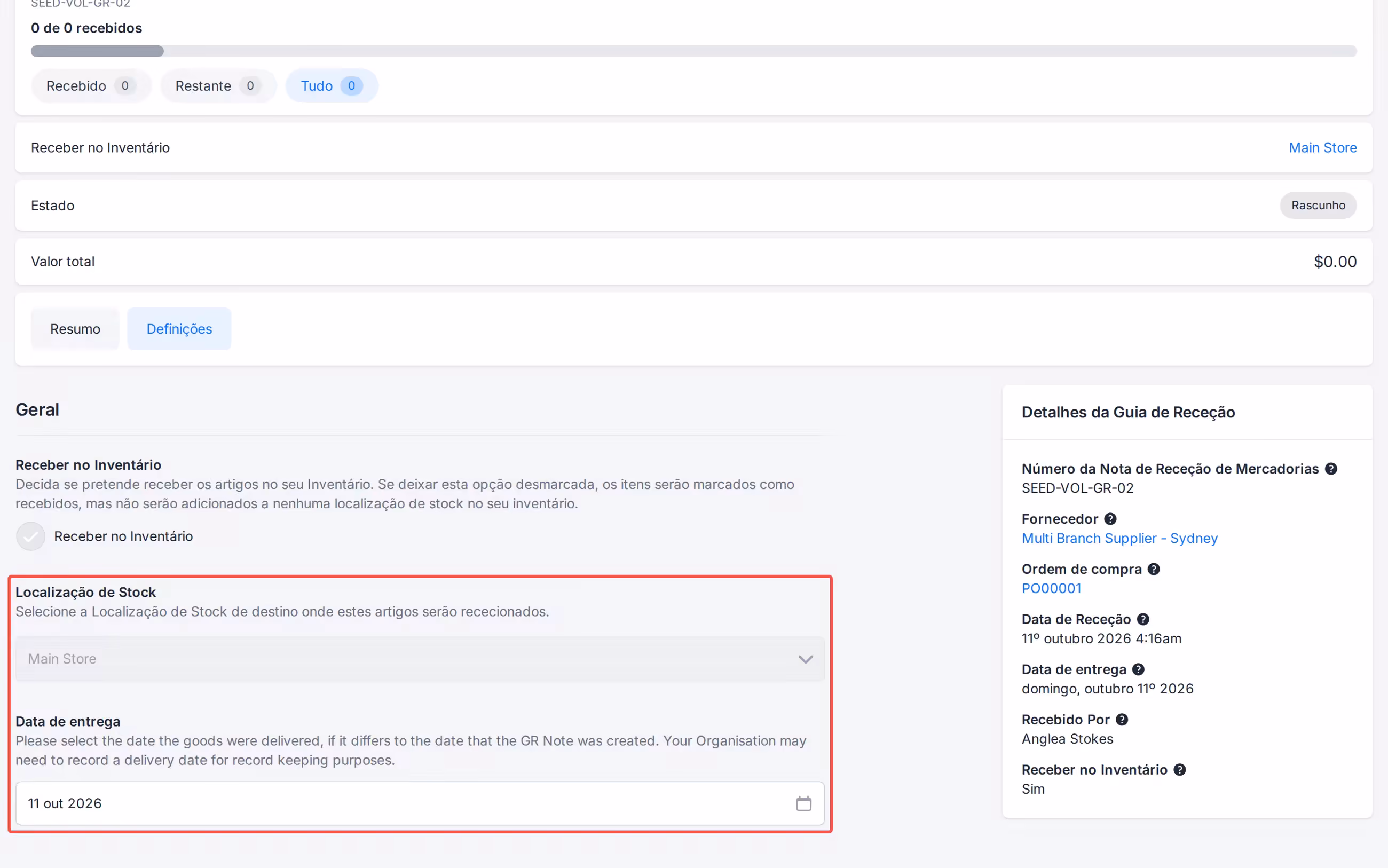 Configurações da Nota de Recebimento Data de Entrega com Local de Estoque ainda definido