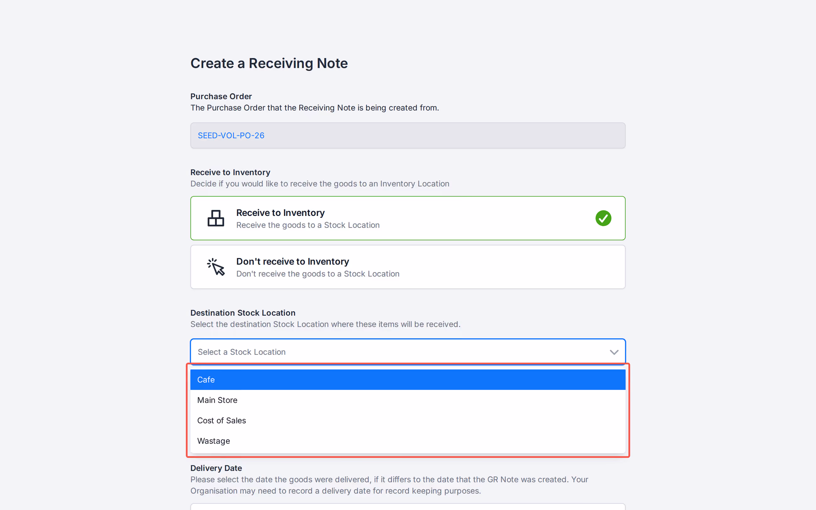Create Receiving Note Destination Stock Location with expense locations