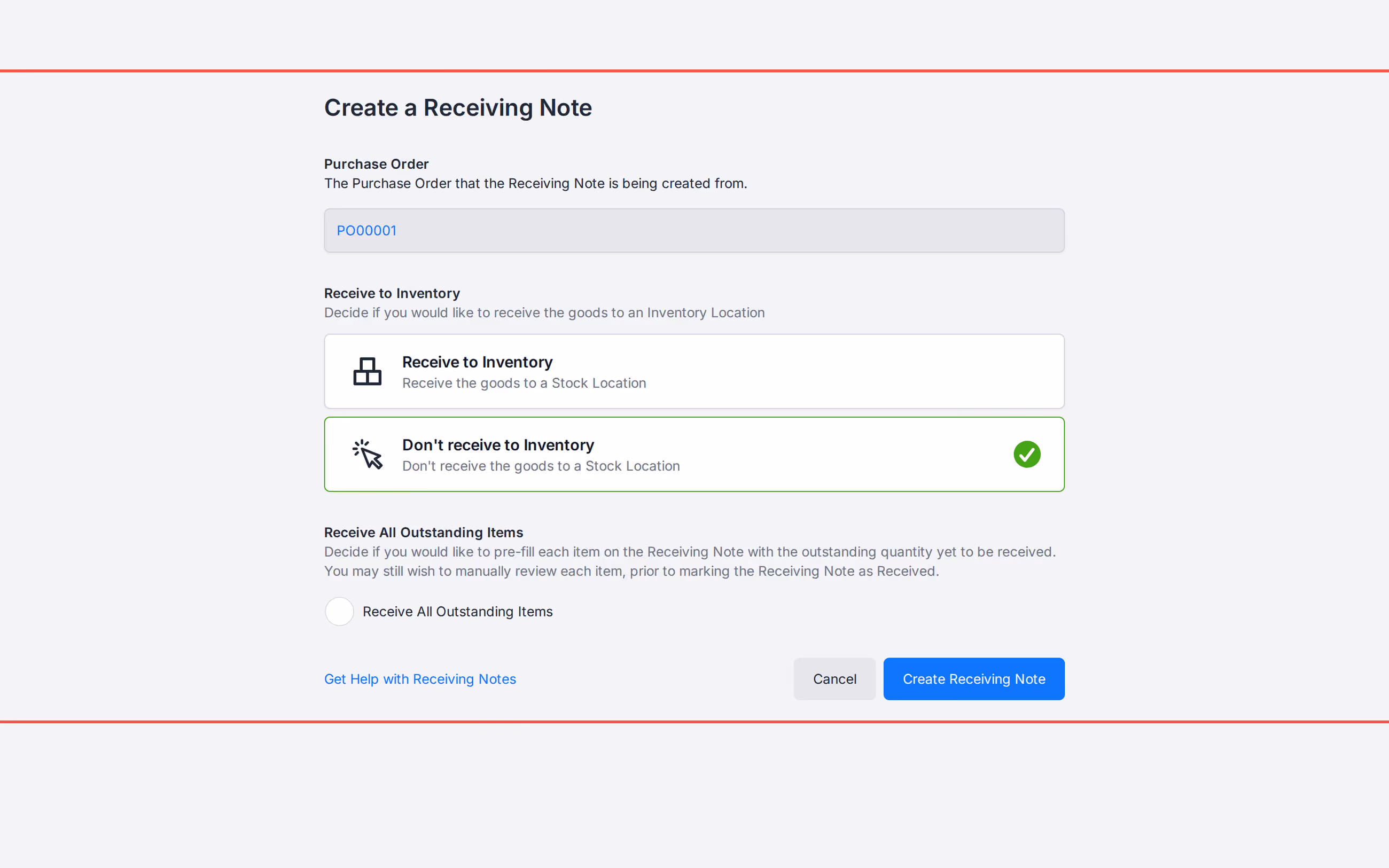 Create a Receiving Note with Don't receive to Inventory and Receive All Outstanding Items unchecked