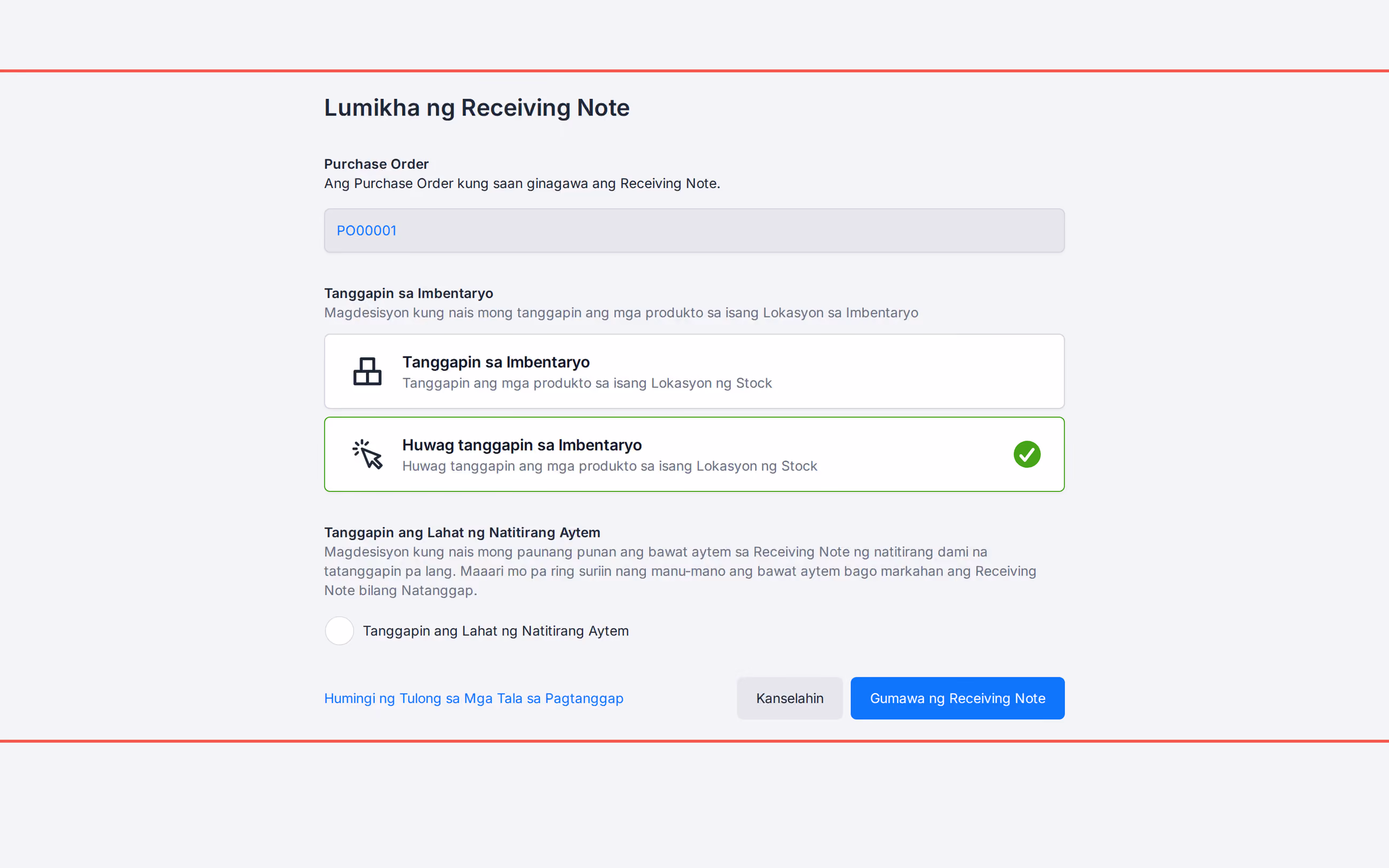 Create a Receiving Note with Don't receive to Inventory and Receive All Outstanding Items unchecked