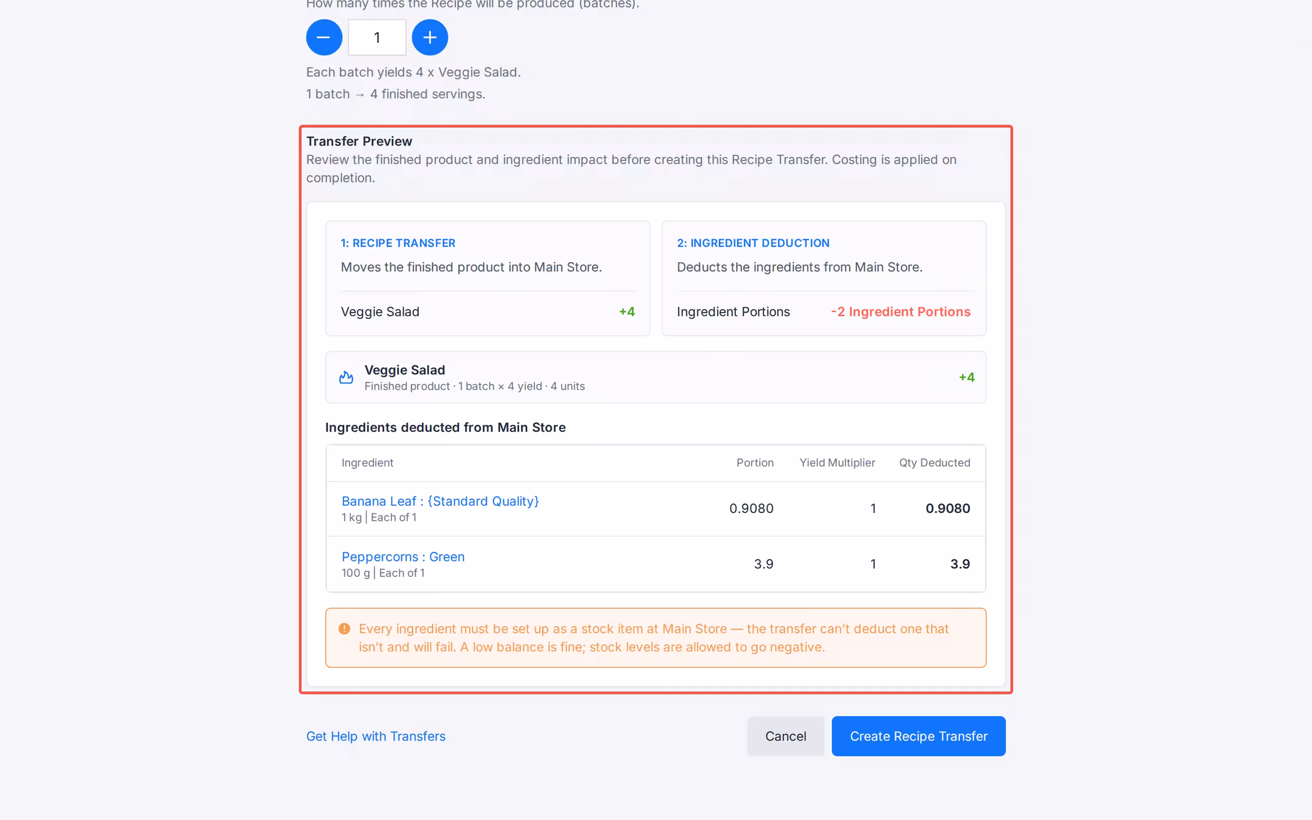 Create Recipe Transfer preview of finished product and ingredients to deduct
