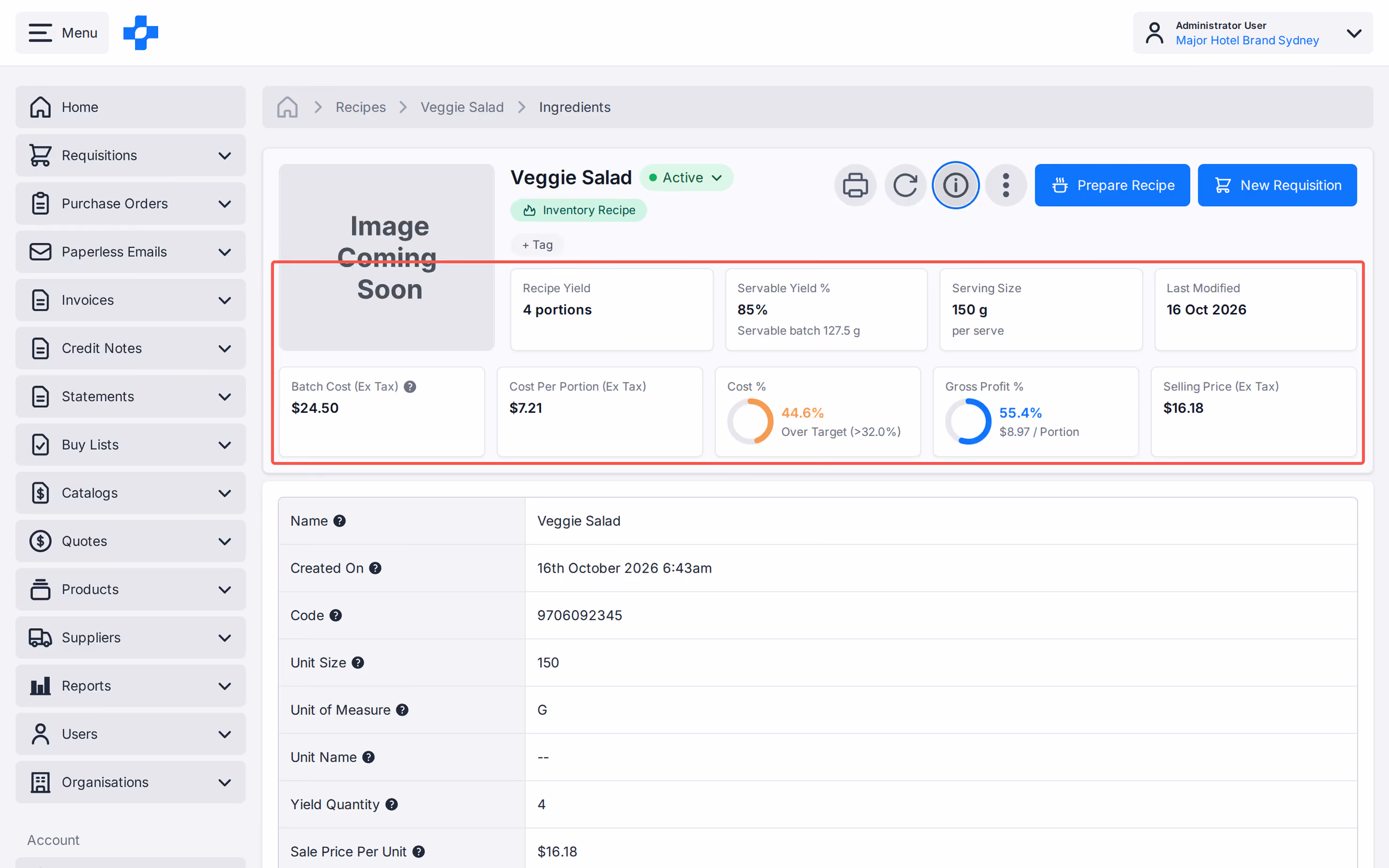 Recipe header Recipe Yield, Servable Yield % and Cost Per Portion
