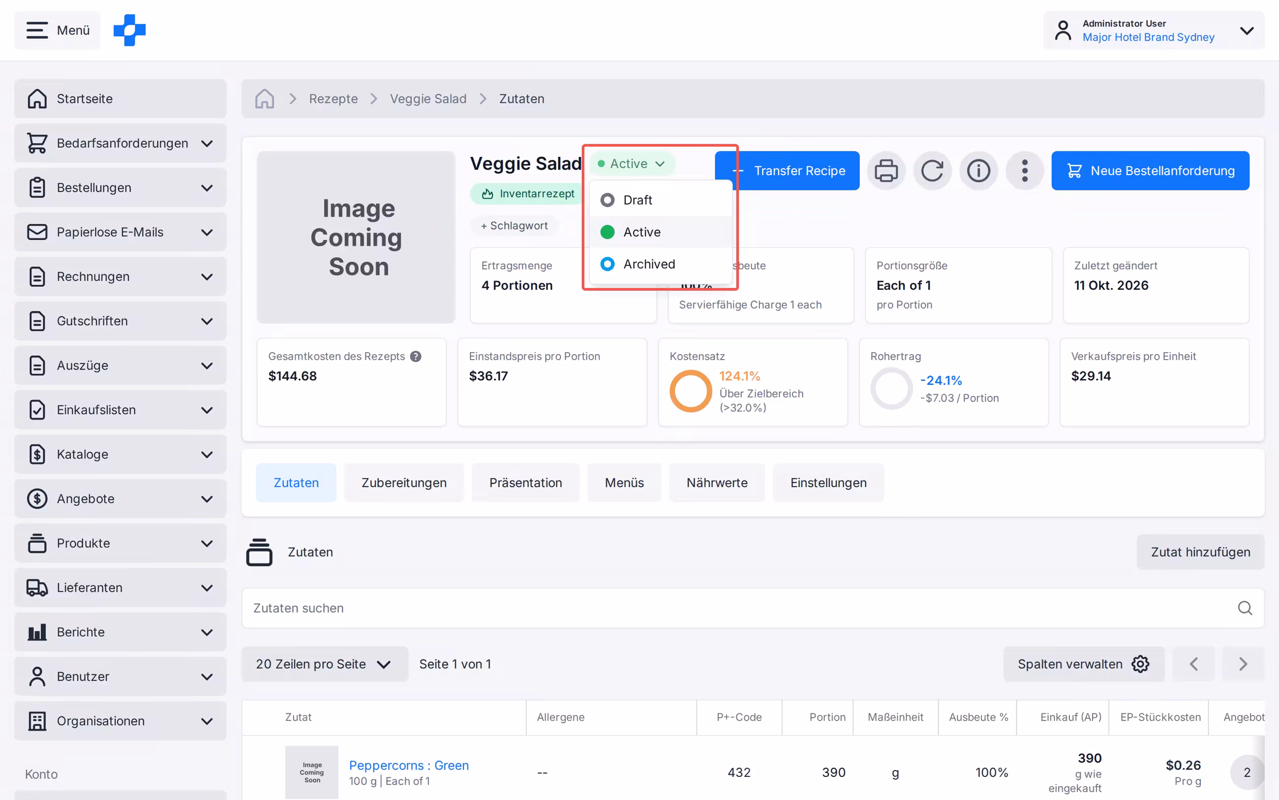 Statusfilter für alle Rezepte: Entwurf, Aktiv und Archiviert
