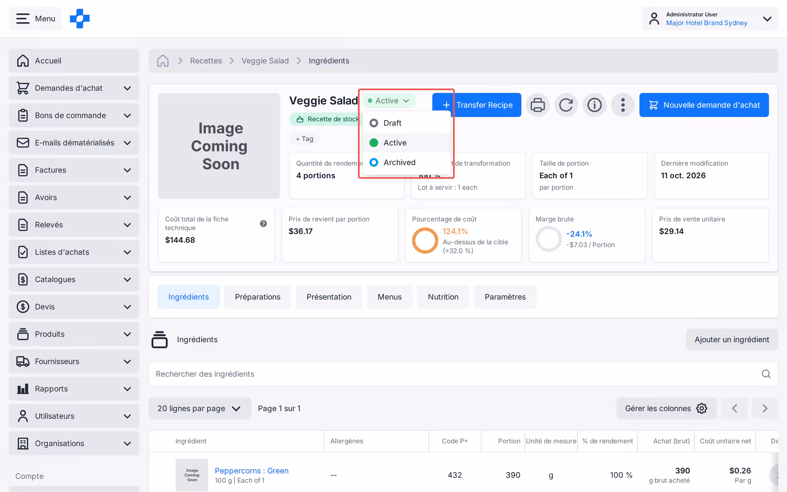 Filtre d'état Brouillon, Actif et Archivé de Toutes les recettes