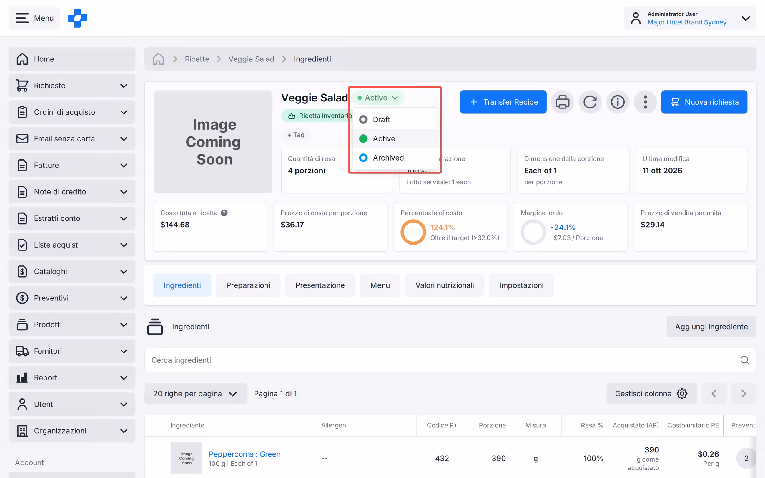 Filtro per stato Bozza, Attiva e Archiviata in Tutte le ricette