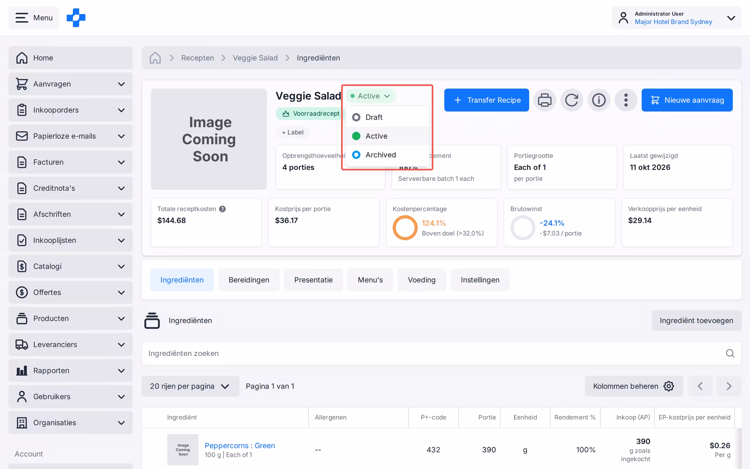 Statusfilter Concept, Actief en Gearchiveerd in Alle recepten