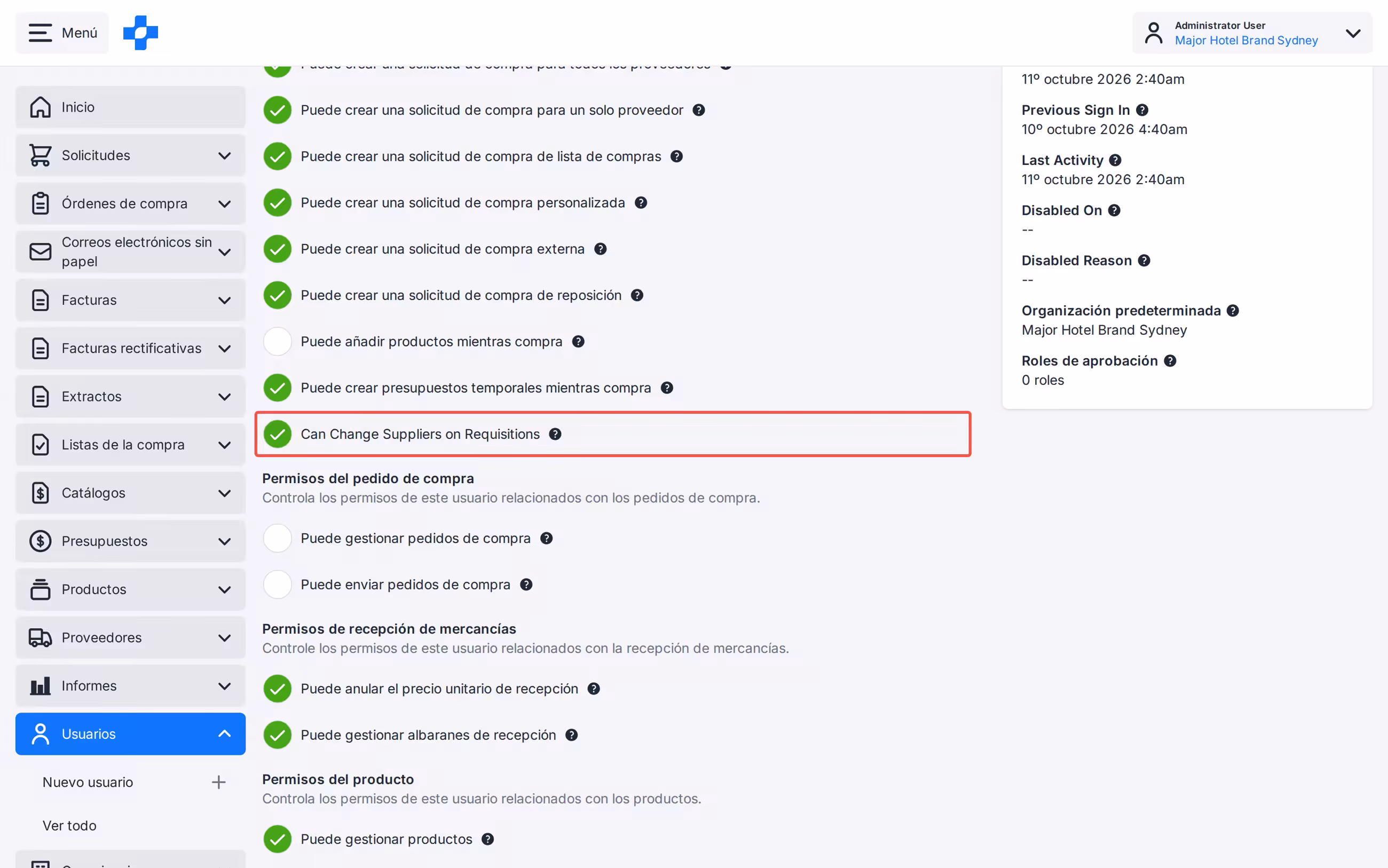 Selector de cotizaciones de línea de solicitud de compra con permiso Can Change Suppliers on Requisitions