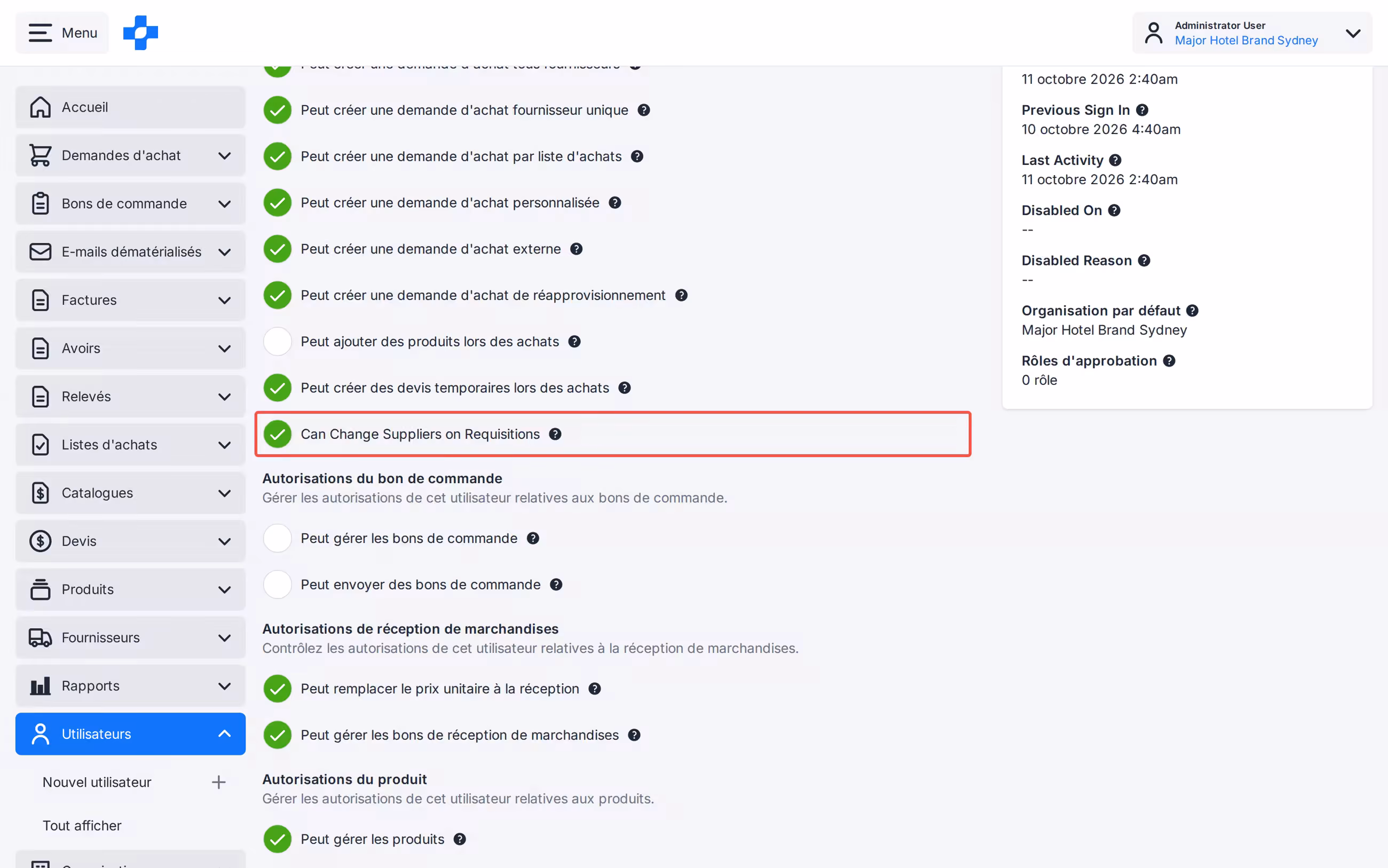 Sélecteur de devis de ligne de demande d'achat avec autorisation Can Change Suppliers on Requisitions
