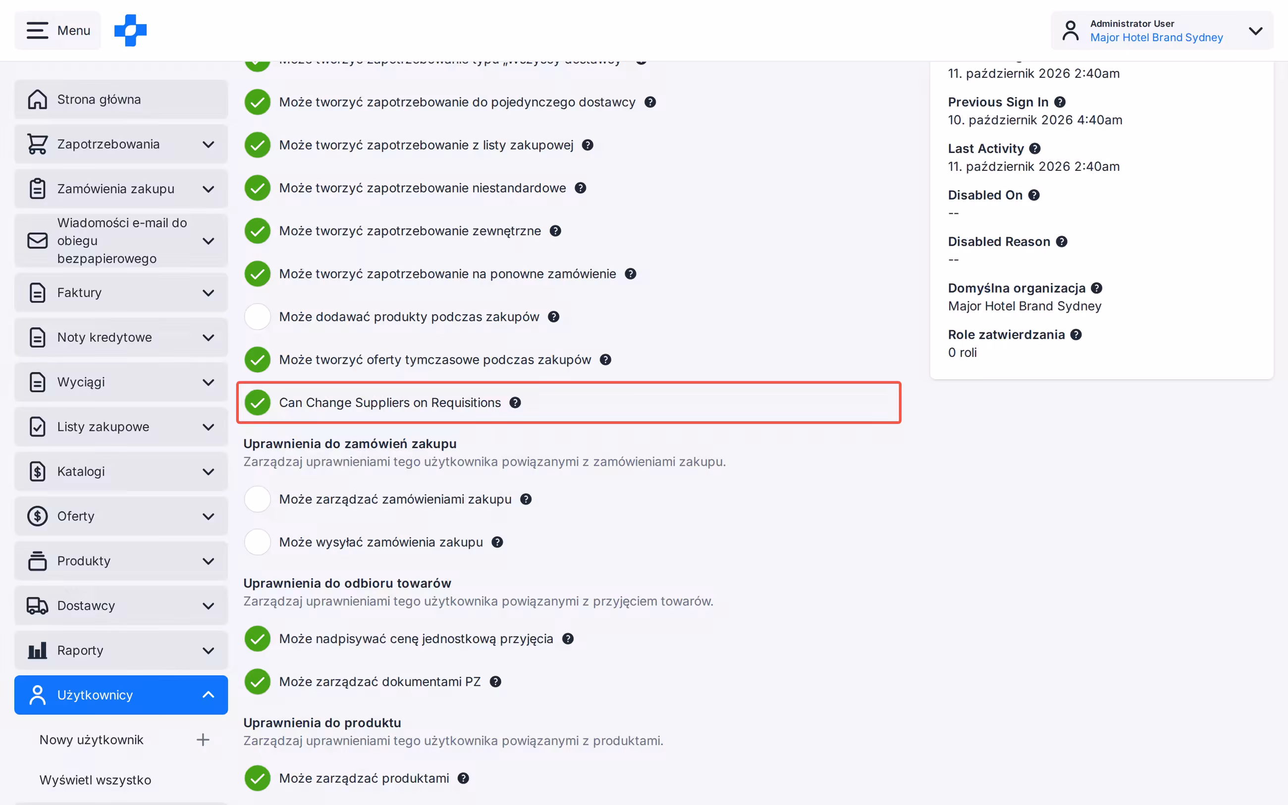 Wybór Oferty w pozycji Zapotrzebowania z uprawnieniem Can Change Suppliers on Requisitions