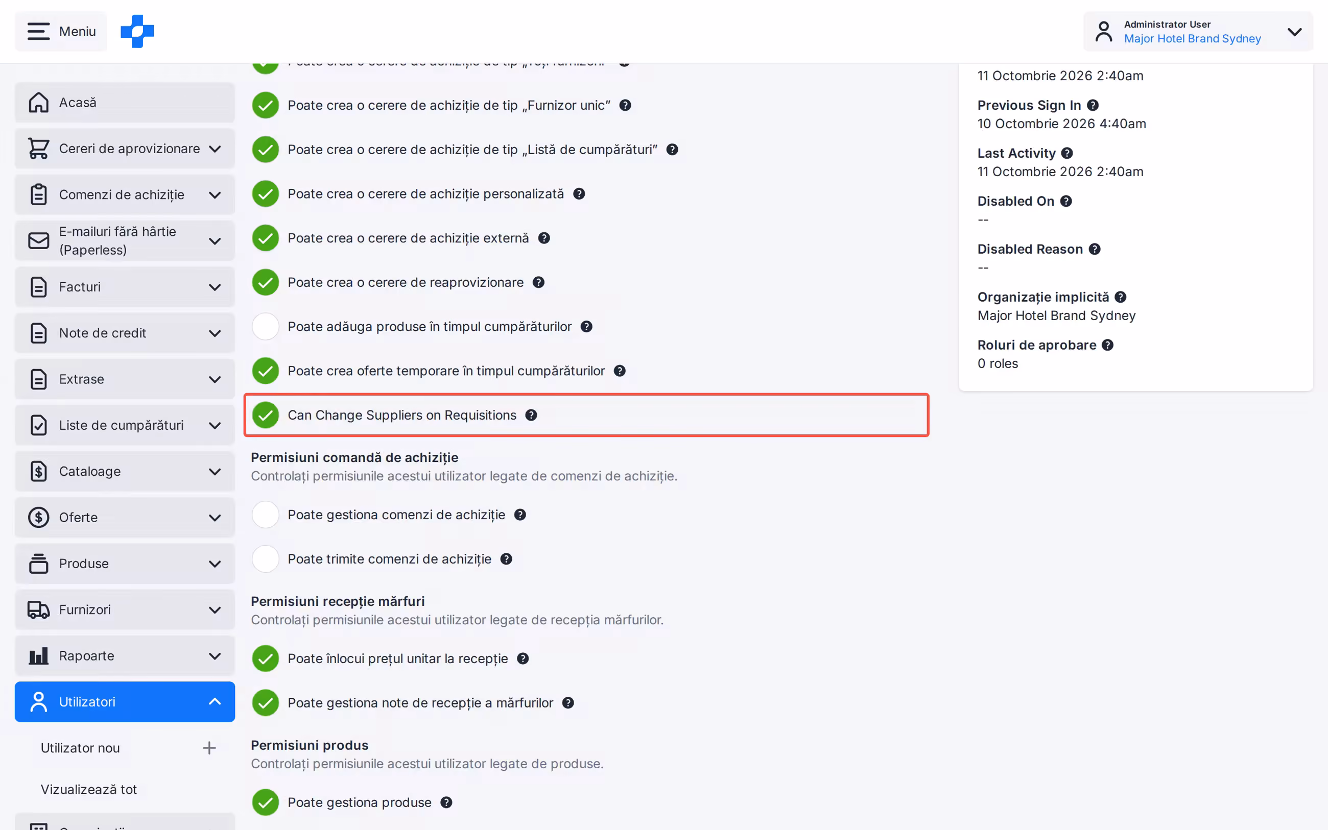 Selector de oferte pe linia cererii de achiziție cu permisiunea Can Change Suppliers on Requisitions