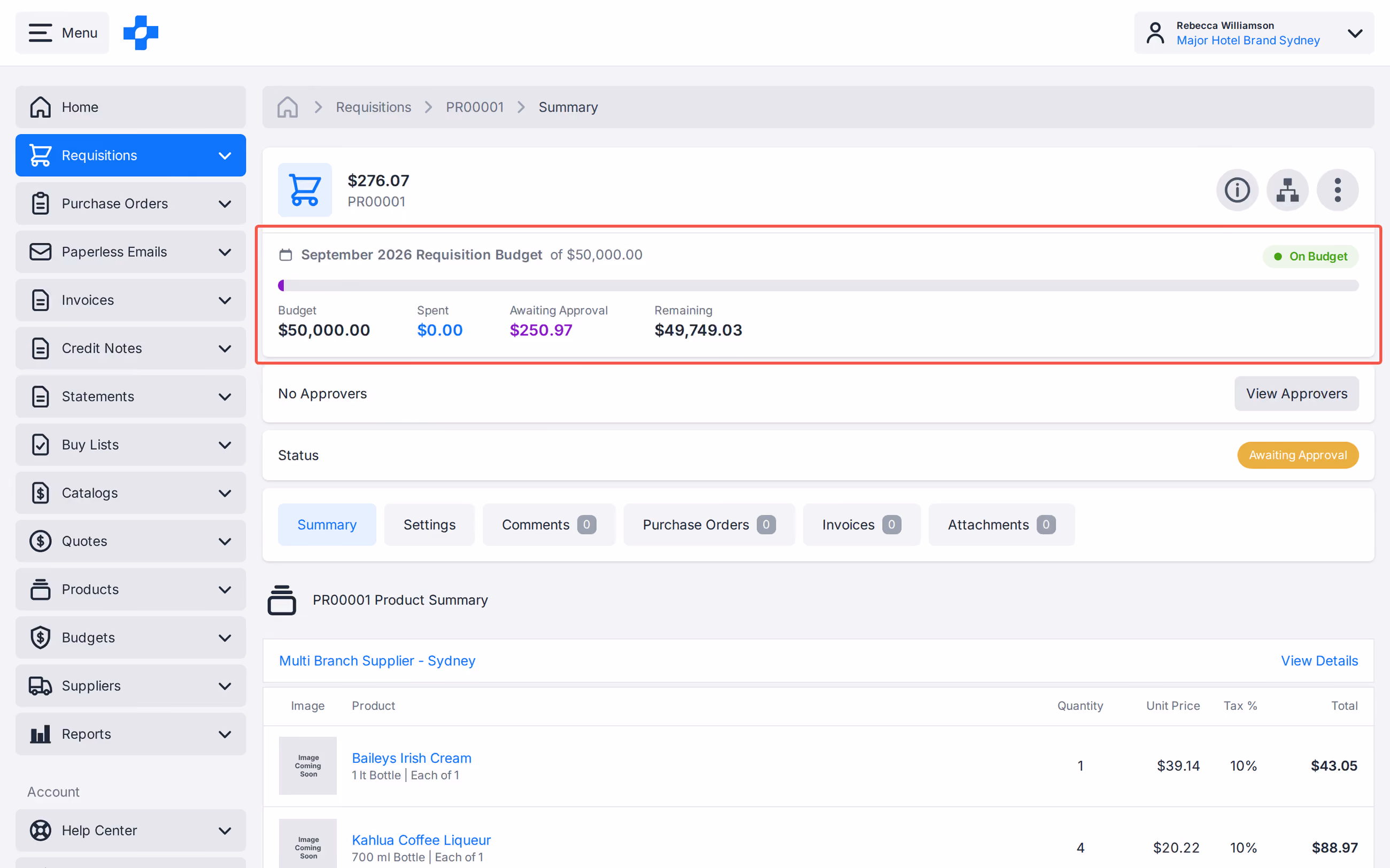 Requisition header showing the live Budget tracker