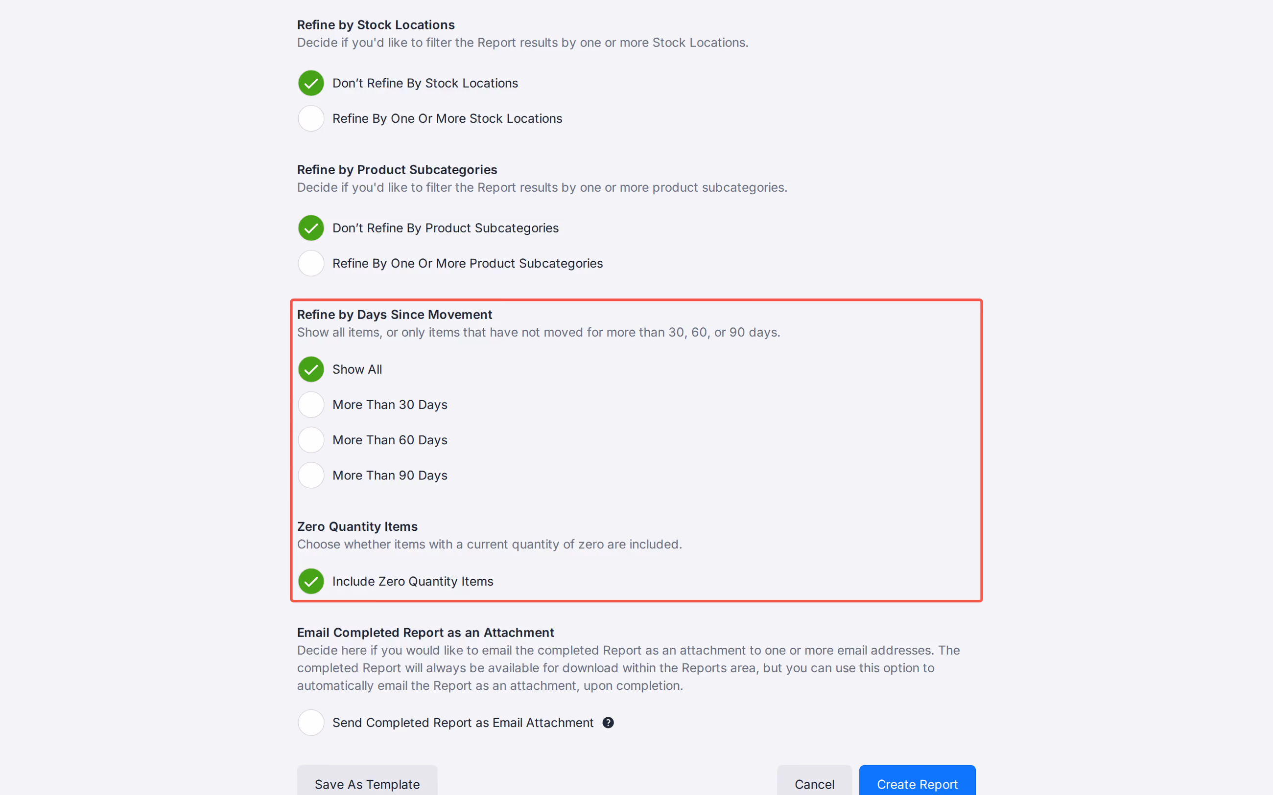 Slow Moving Items Report filters and Total Balance Value