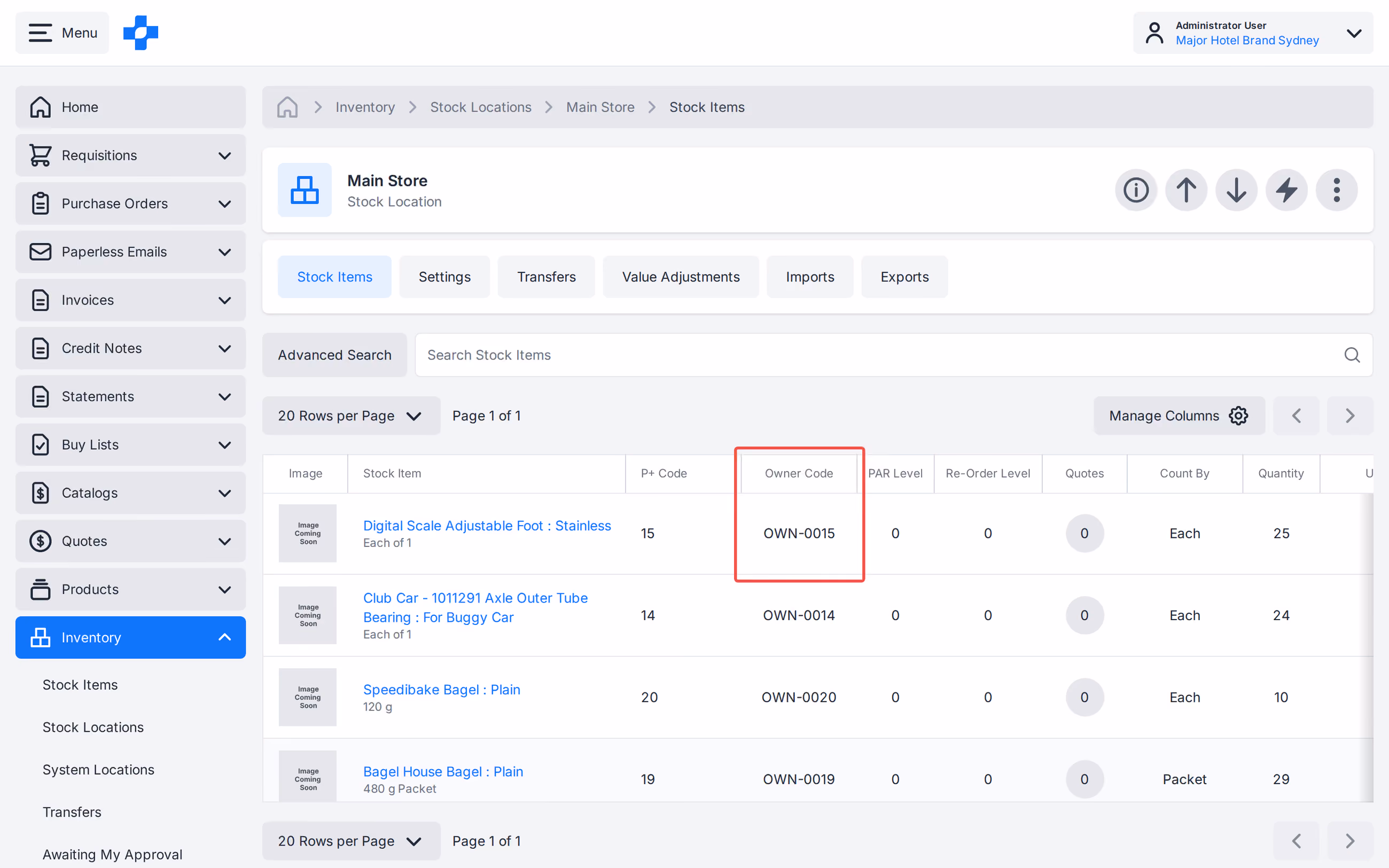 Stock Location stock items Owner Code column