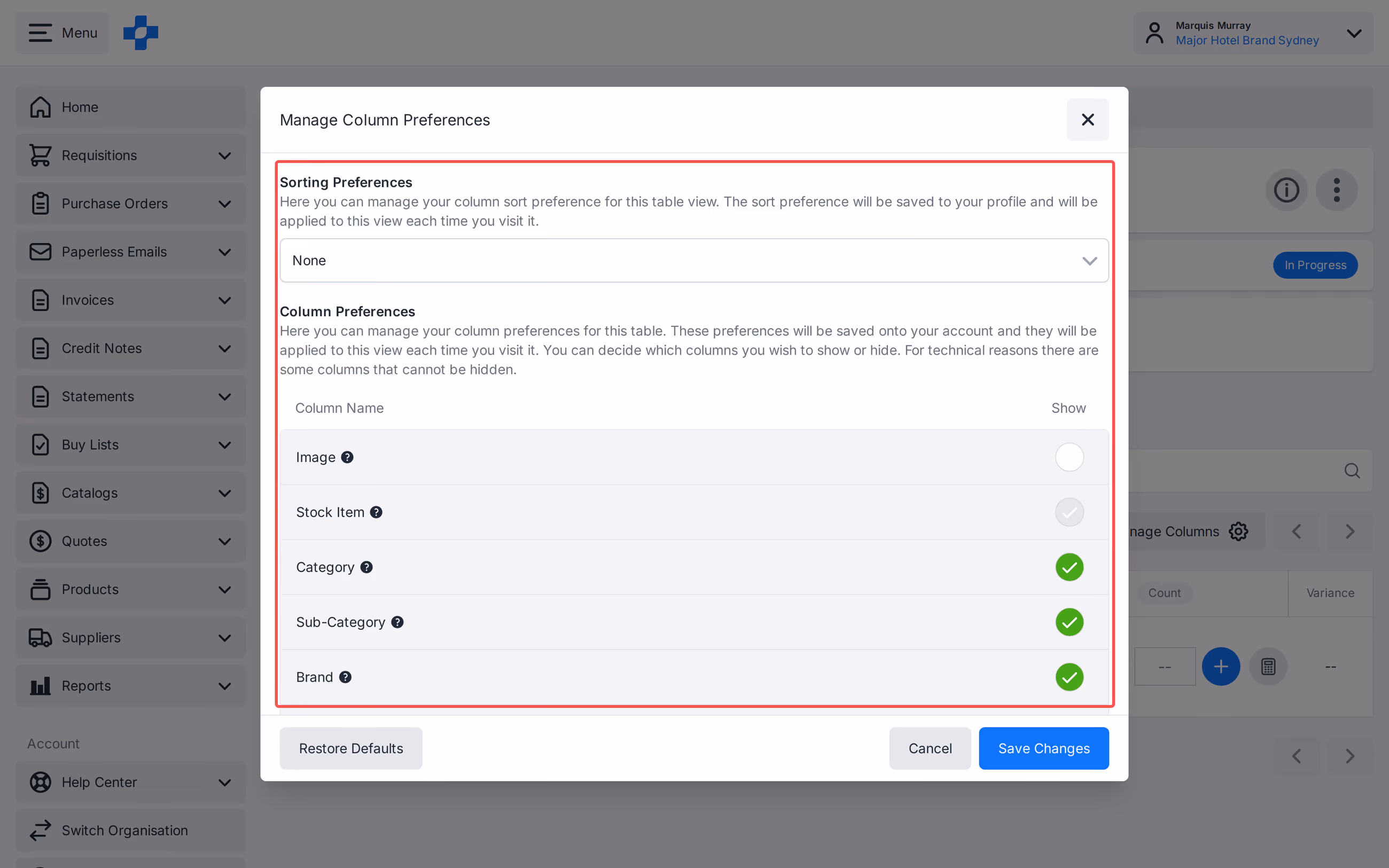Stock Count Manage Columns and Manage Sorting