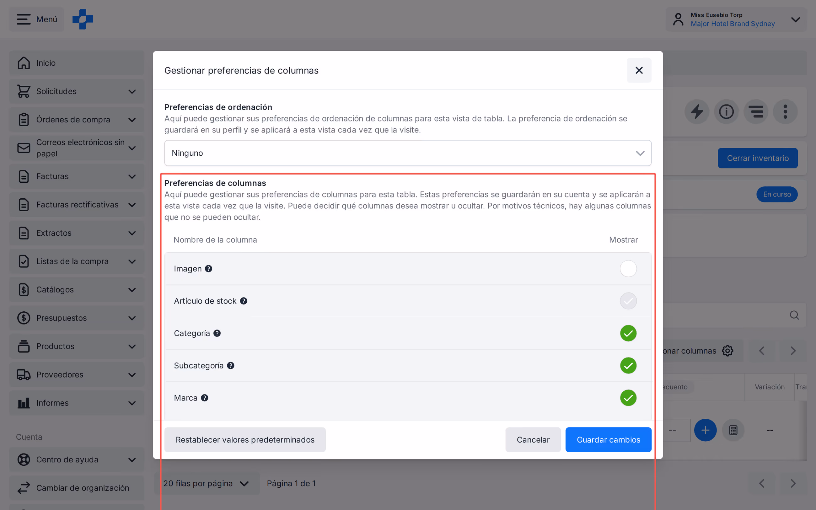 Gestionar columnas y gestionar ordenación en el recuento de stock