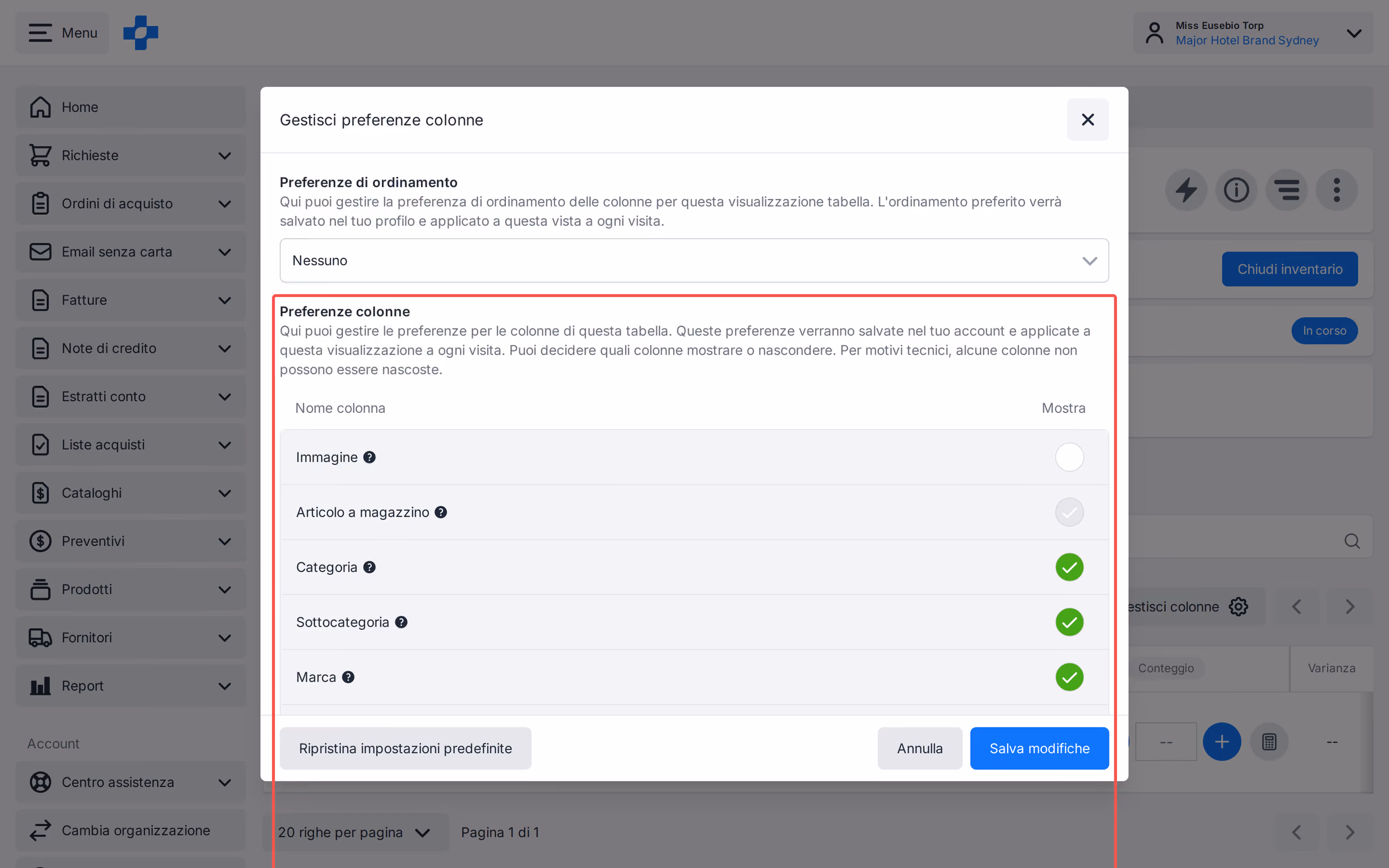 Conteggio inventario Gestisci colonne e Gestisci ordinamento