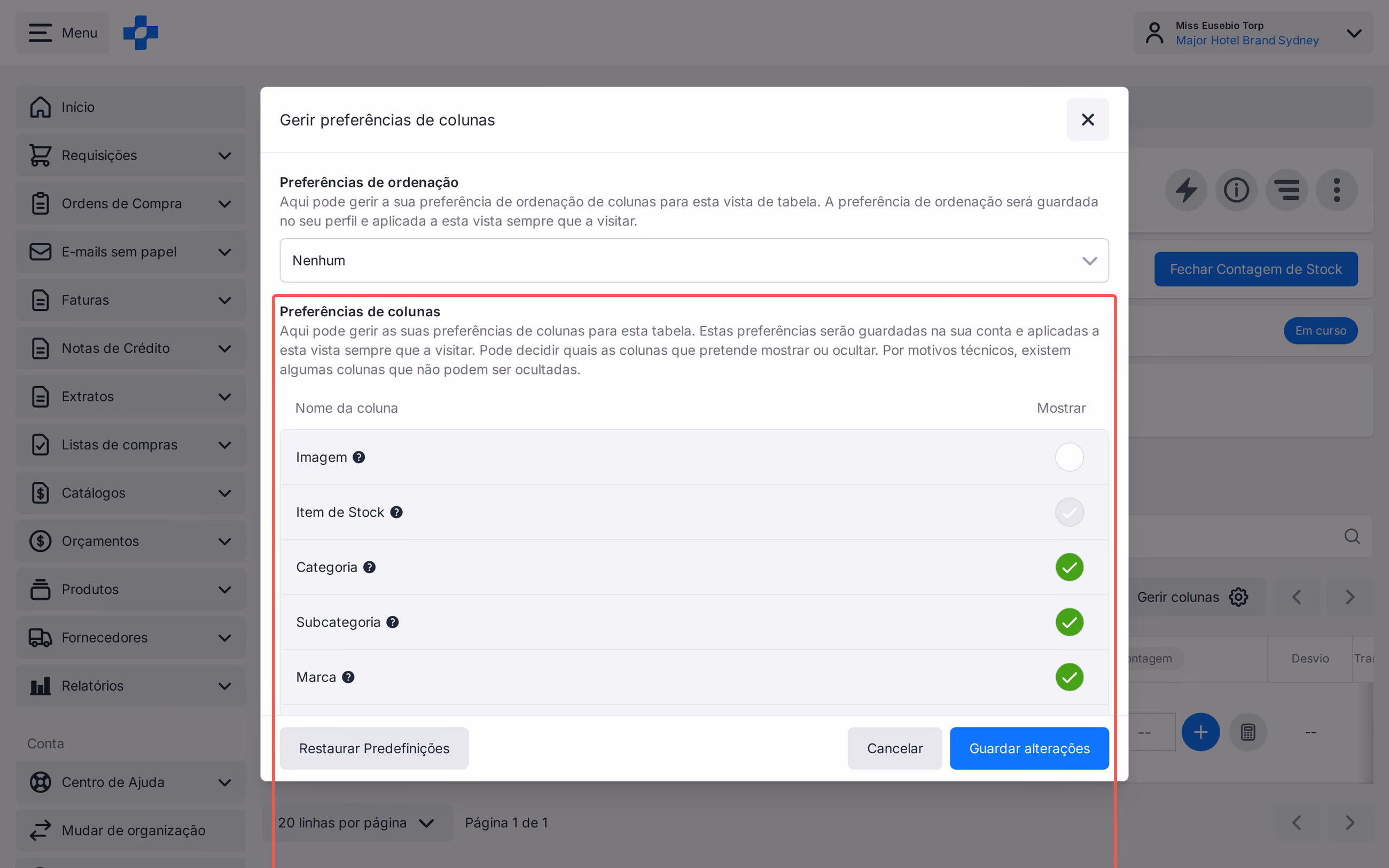 Gerenciar Colunas e Gerenciar Ordenação da Contagem de Estoque