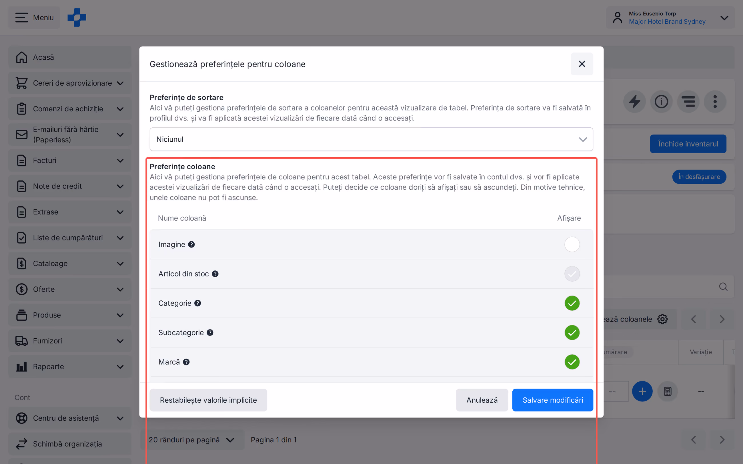 Gestionare coloane și gestionare sortare numărătoare stoc