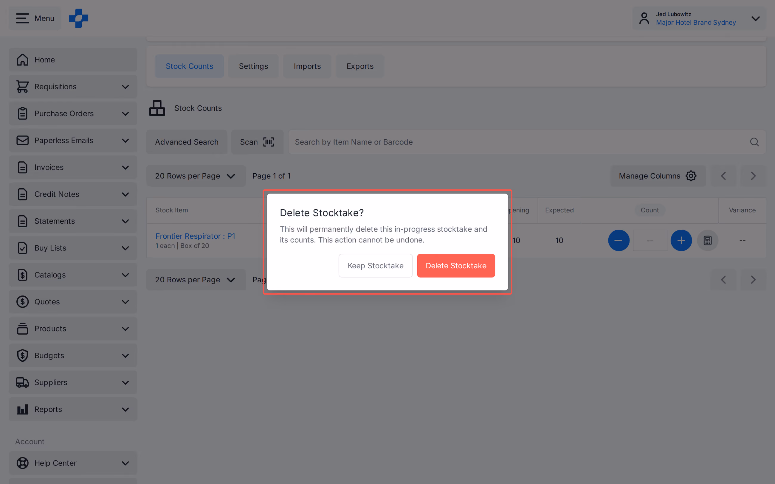 Delete Stocktake confirmation on an in-progress stocktake