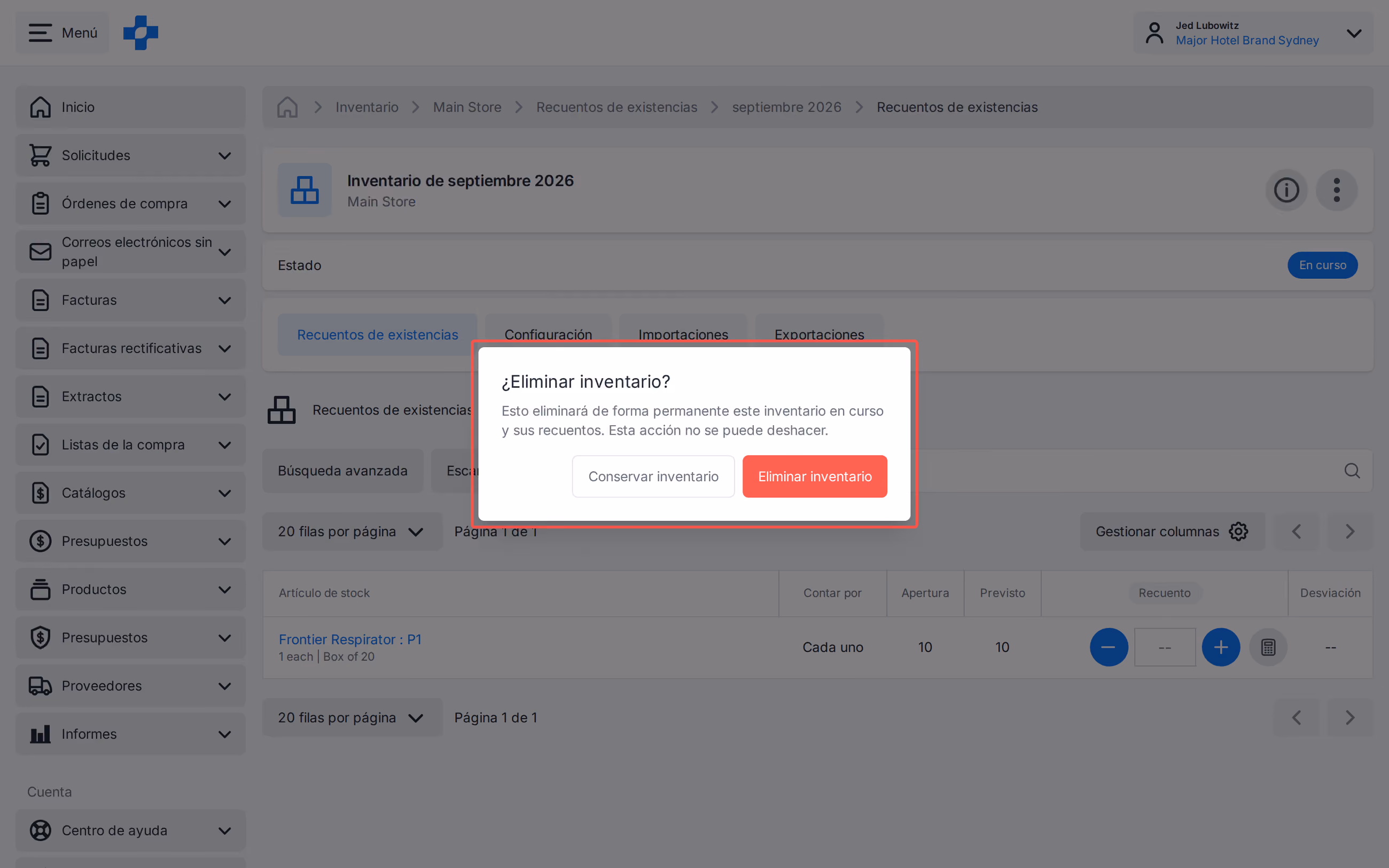 Confirmación de eliminación de inventario en un inventario en curso