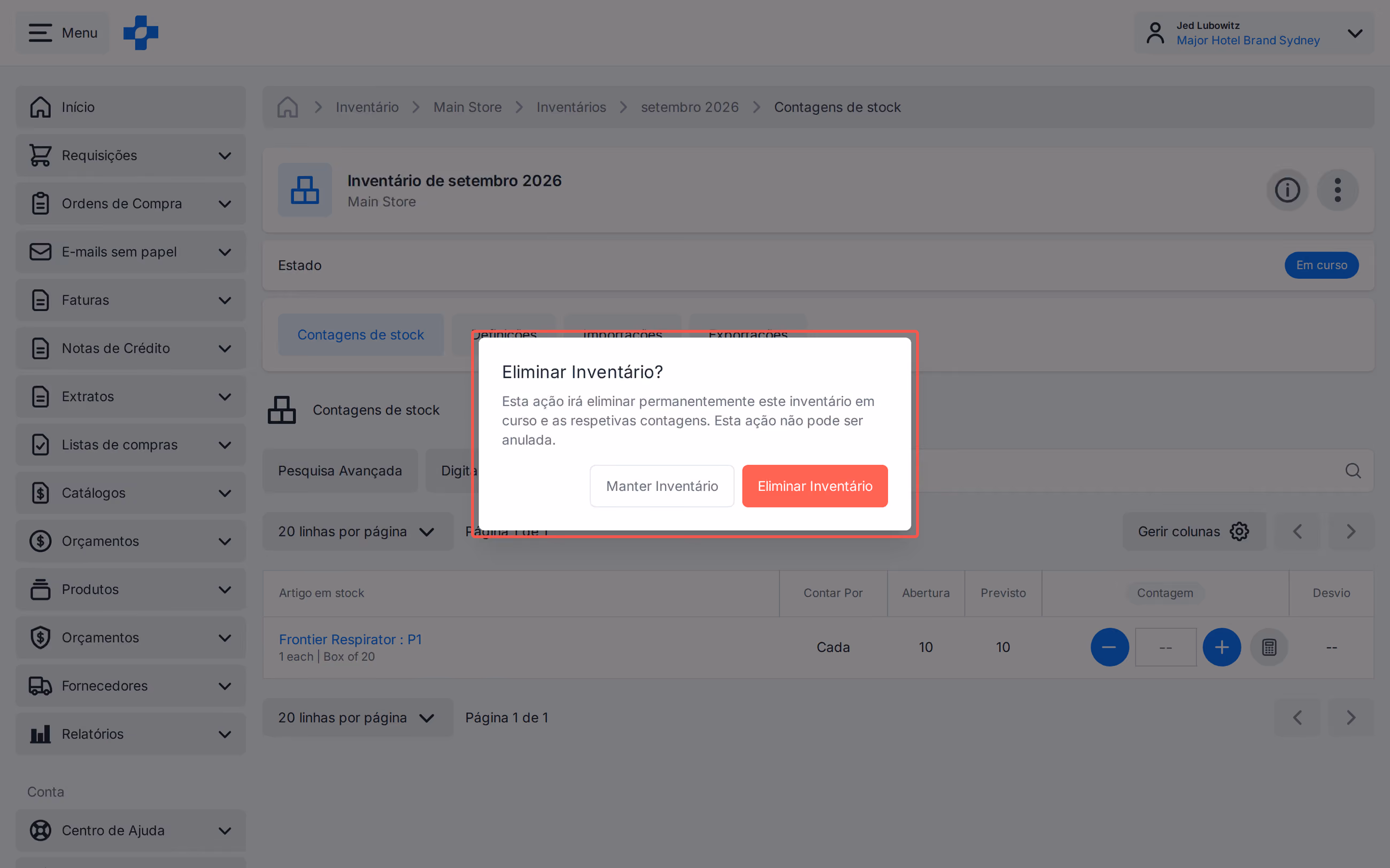 Confirmação de exclusão de Contagem de Estoque em andamento