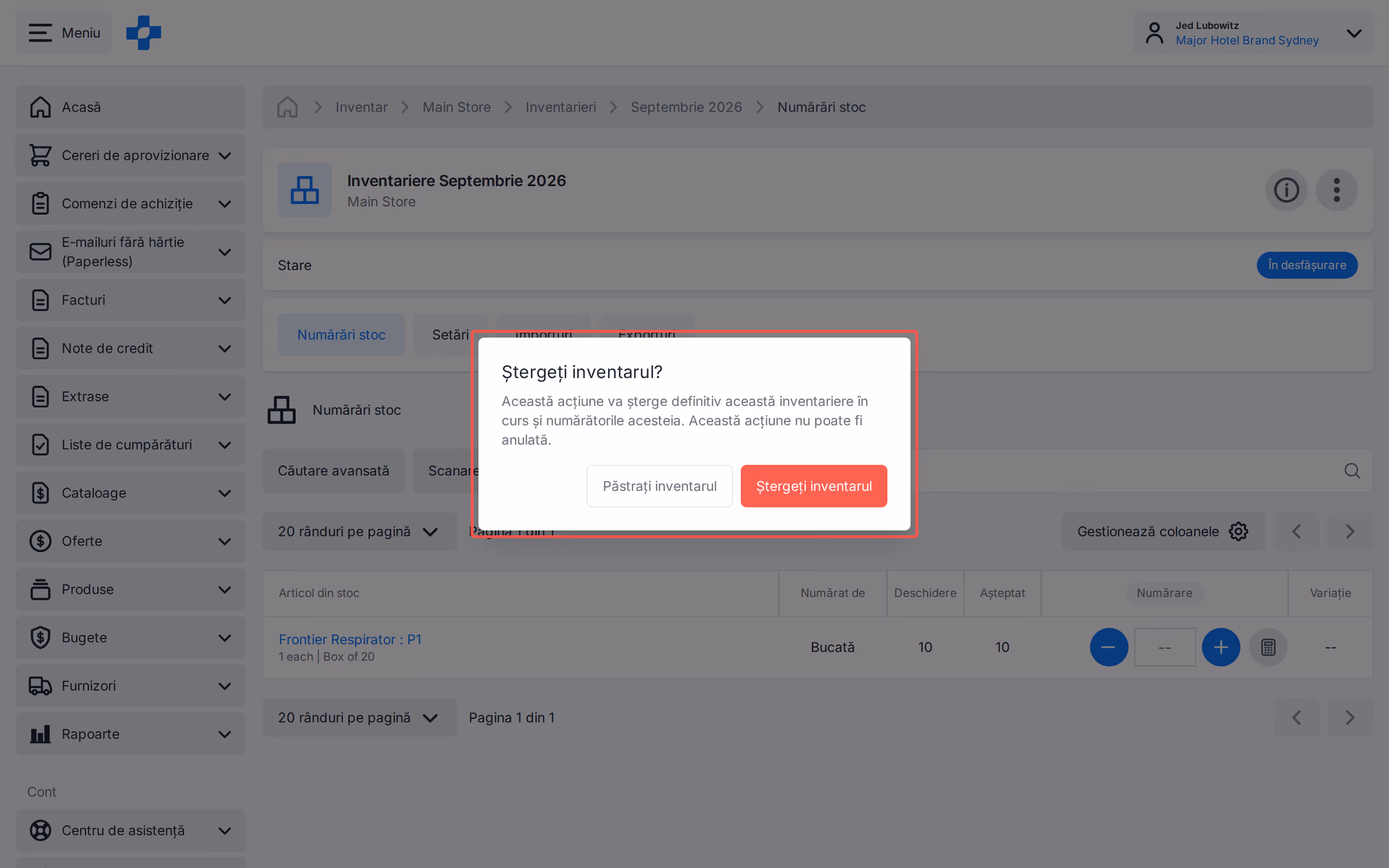 Confirmare ștergere inventariere pentru o inventariere în desfășurare