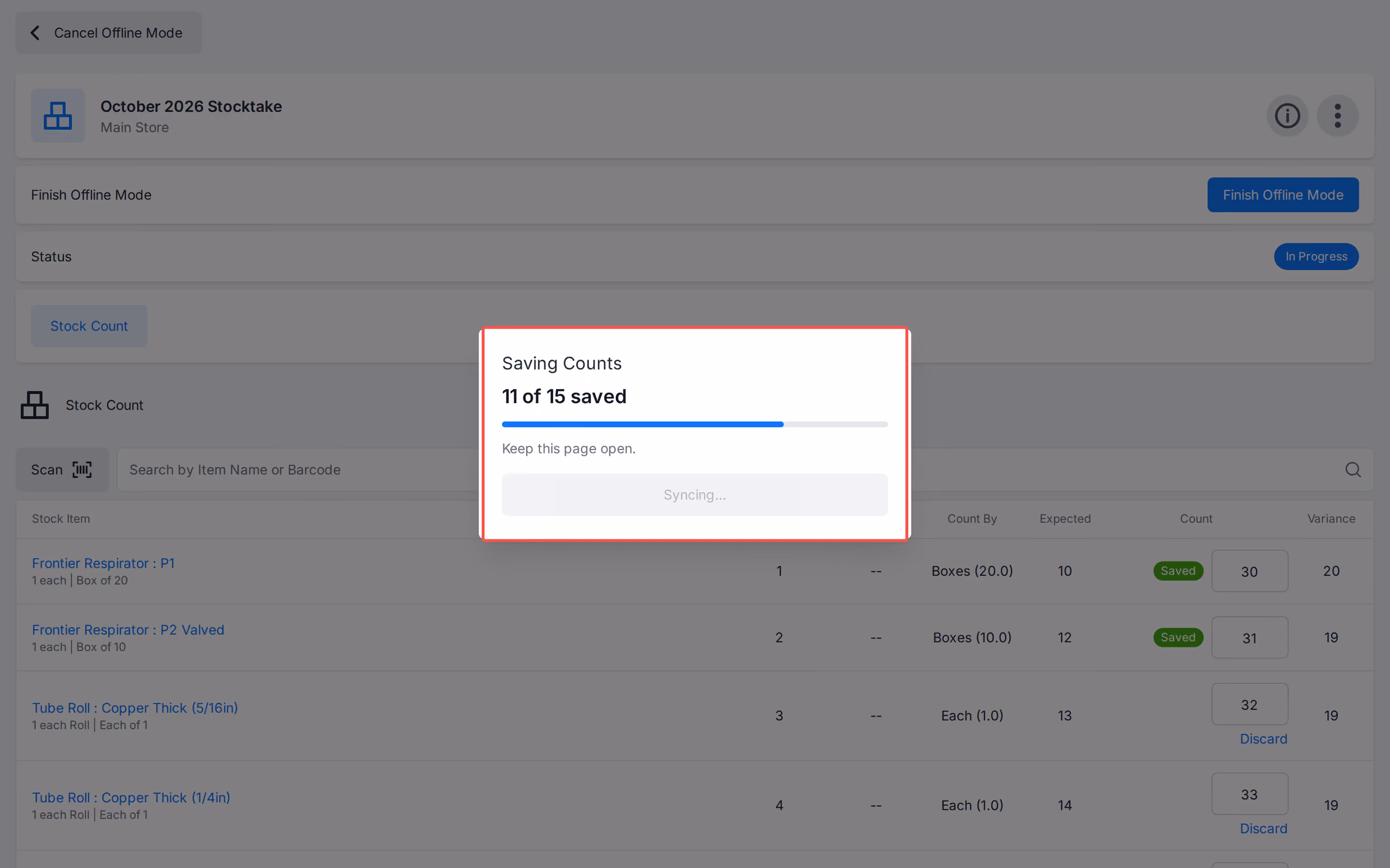 Offline stocktake Finish saving counts