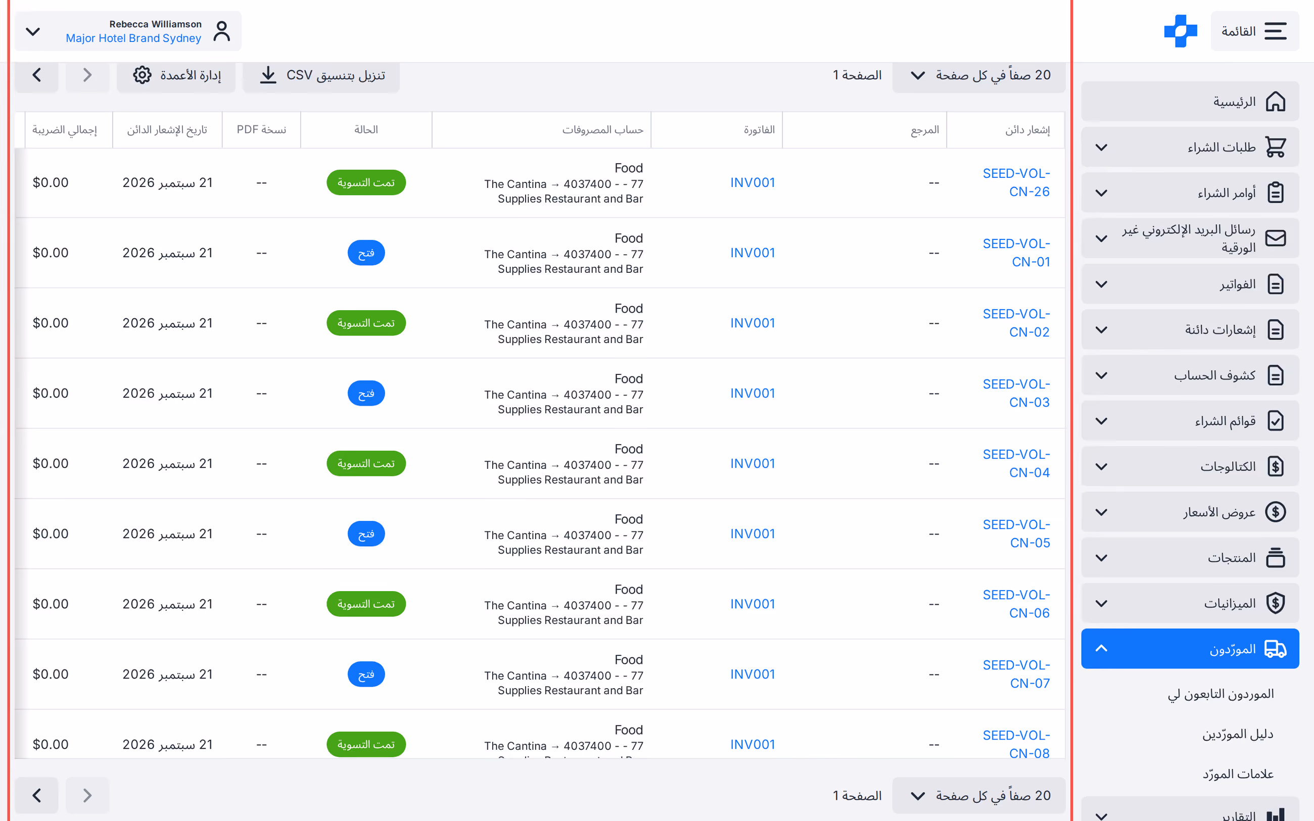 علامة التبويب إشعارات الدائن في سجل المورد