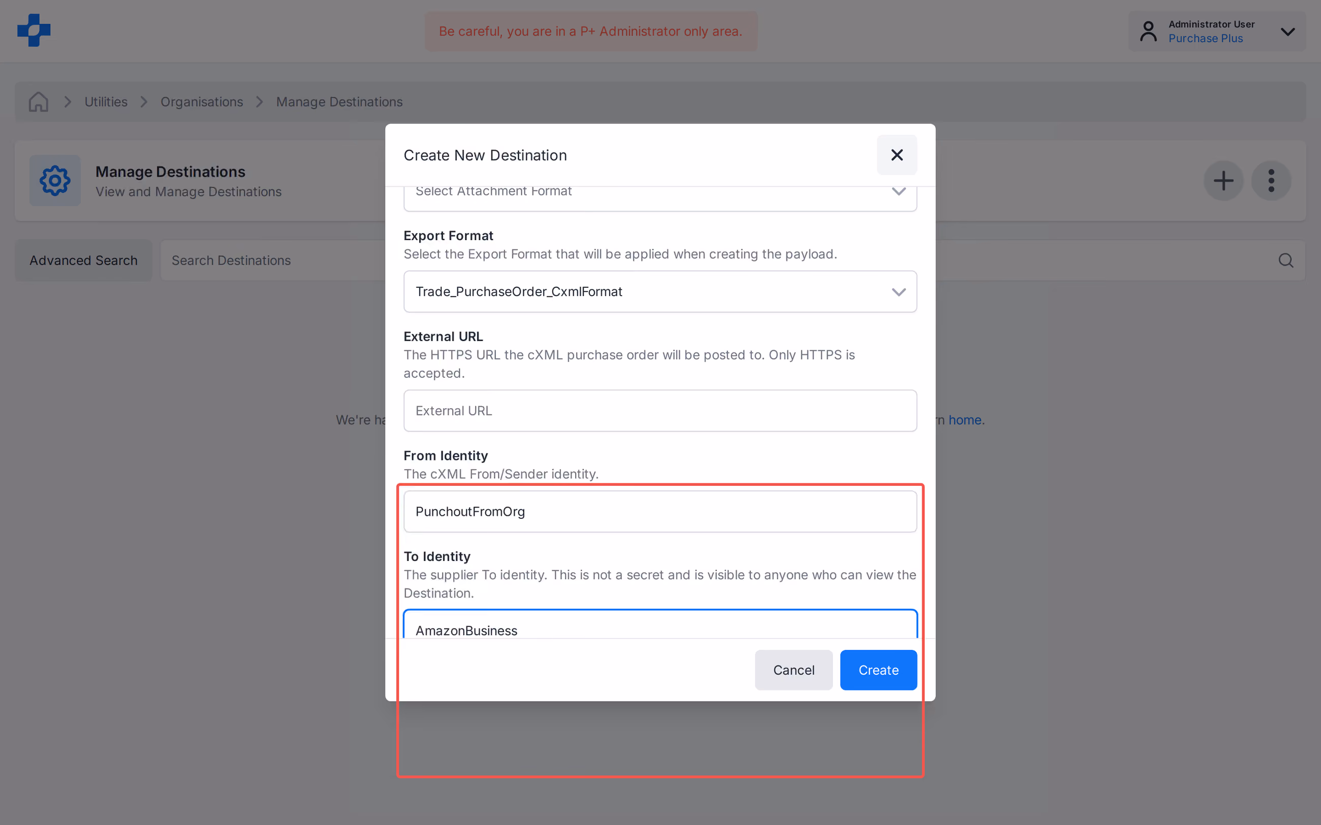 Create cXML Destination for Purchase Orders